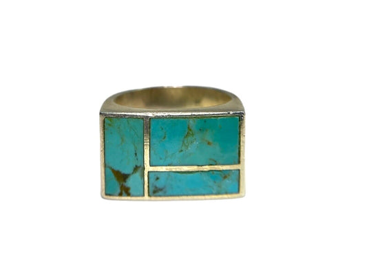 Vintage Sterling Silver Blue Turquoise Inlay Rectangle Shape Ring Size 7.5