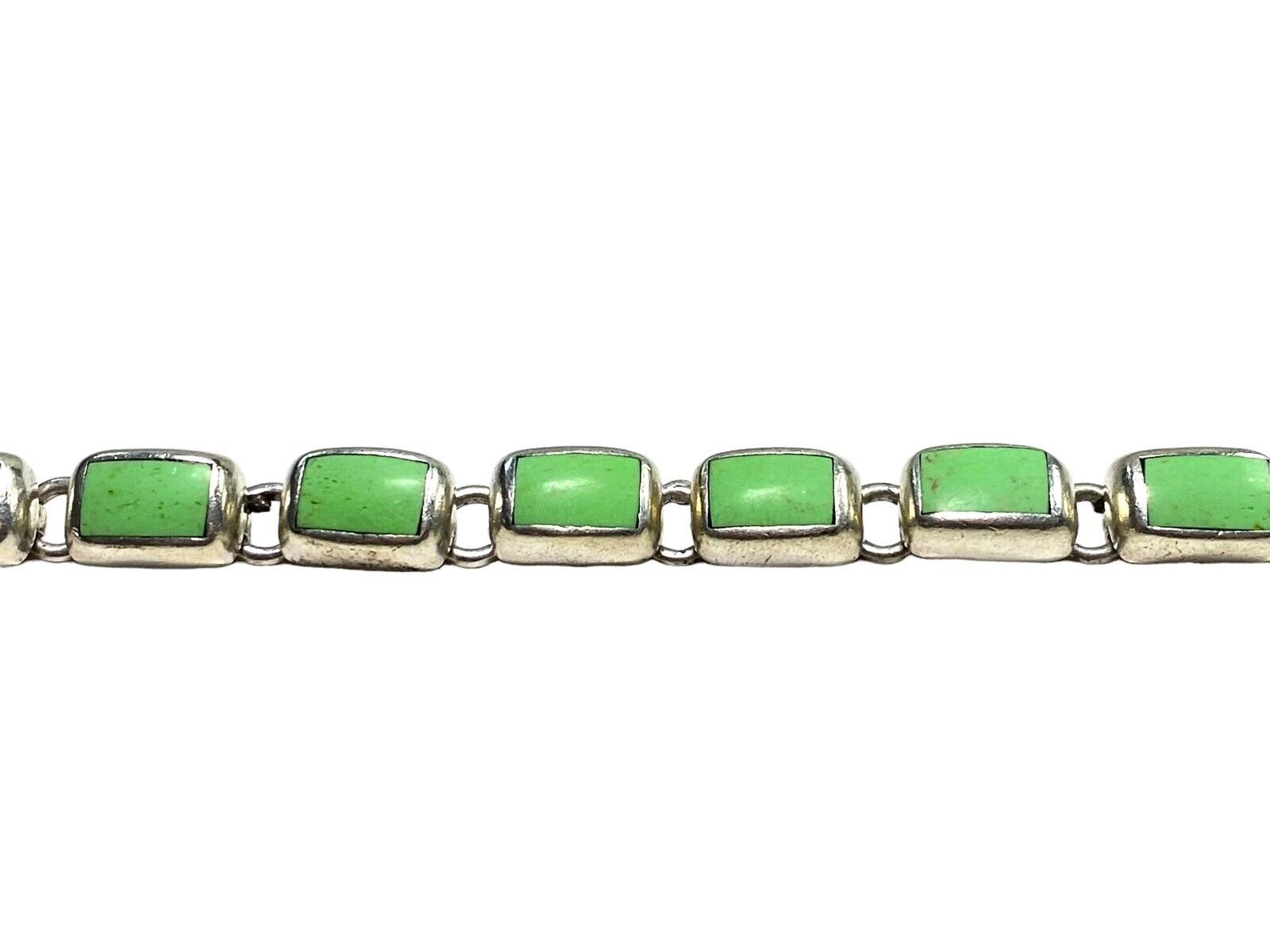 Vintage Sterling Silver Signed Mexico Green Inlay Gemstone Bracelet 7 Inches