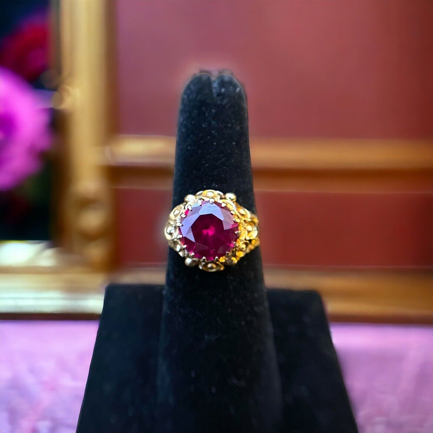 Vintage 14k Yellow Gold Handcrafted Round Red Ruby Solitaire Ring