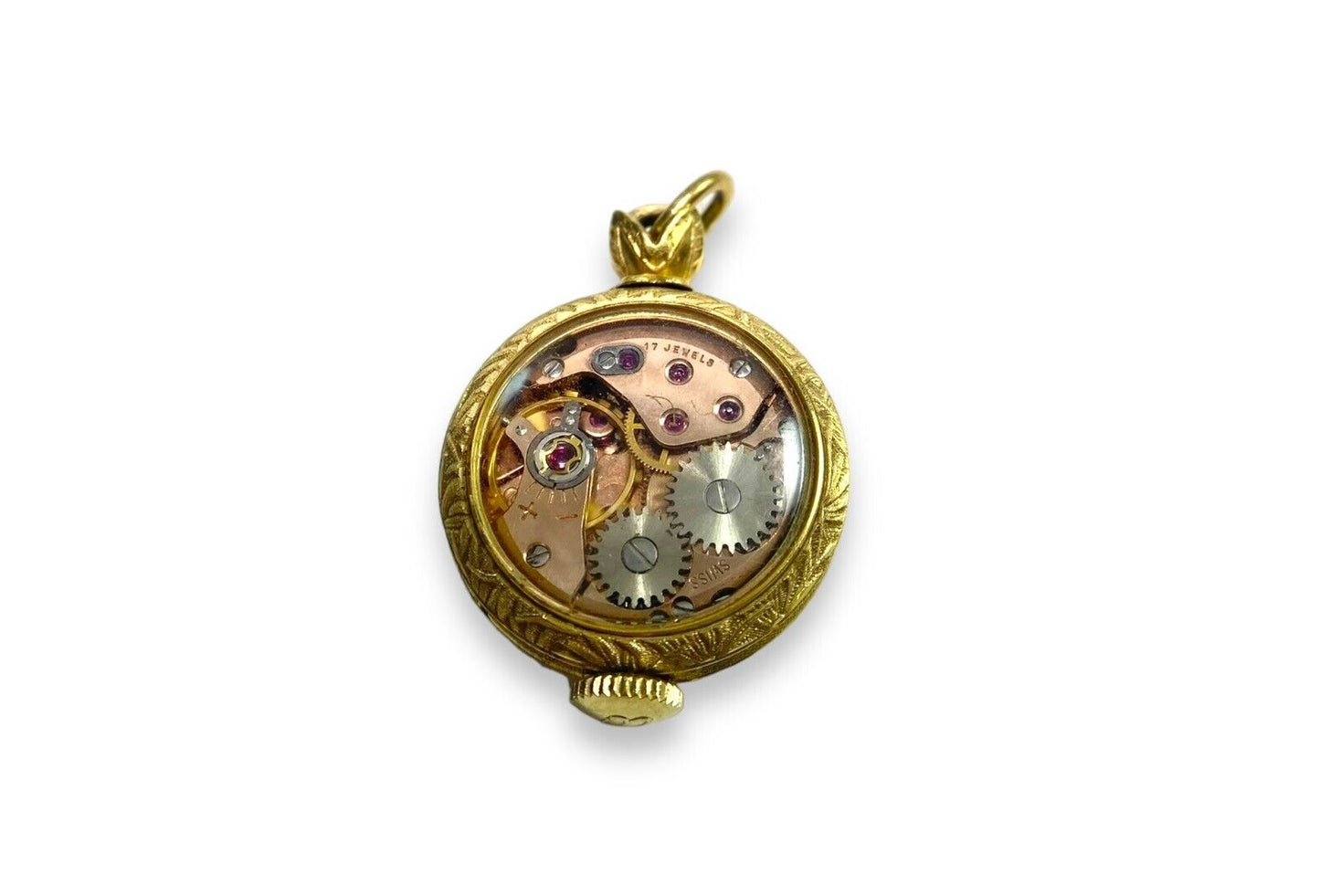 Vintage 14k Yellow Gold Bucherer Small Pocket Watch Engraved Pendant