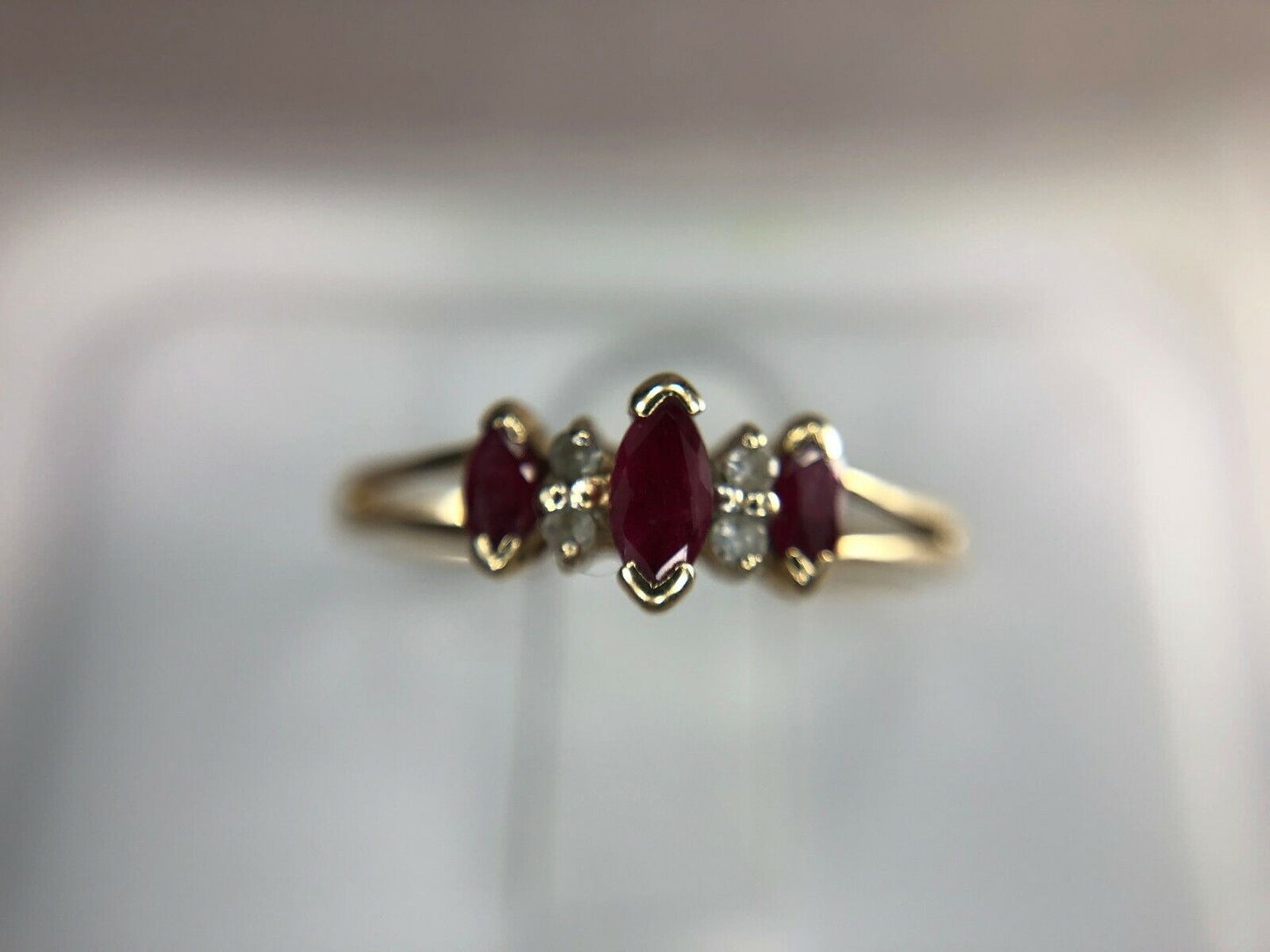 Vintage Style 10k Yellow Gold Marquise Red Ruby Round Diamond Small Ring