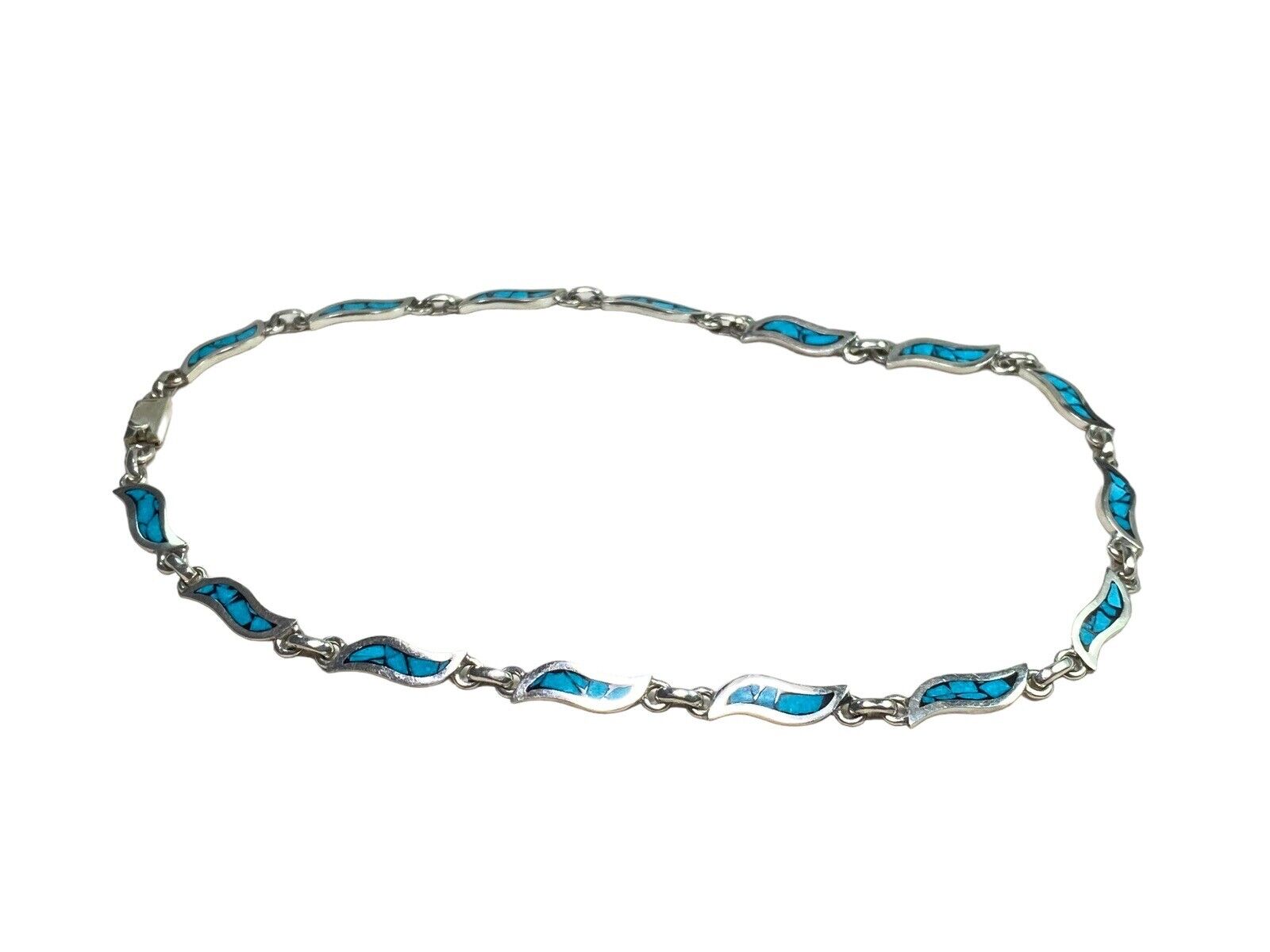 Vintage Sterling Silver Signed Designer Mexico Blue Turquoise Inlay Necklace