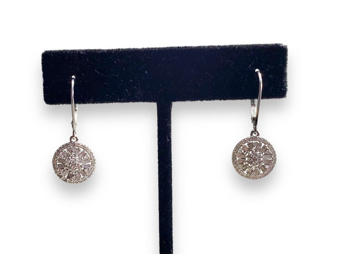 10k White Gold Natural Baguette Cut Round Diamond Cluster Circle Dangle Earrings