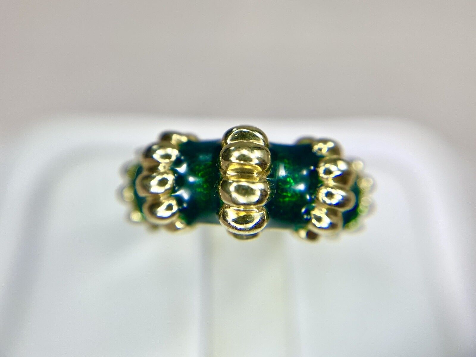 Vintage 14k Yellow Gold Handcrafted Green Enamel Cocktail Band Ring