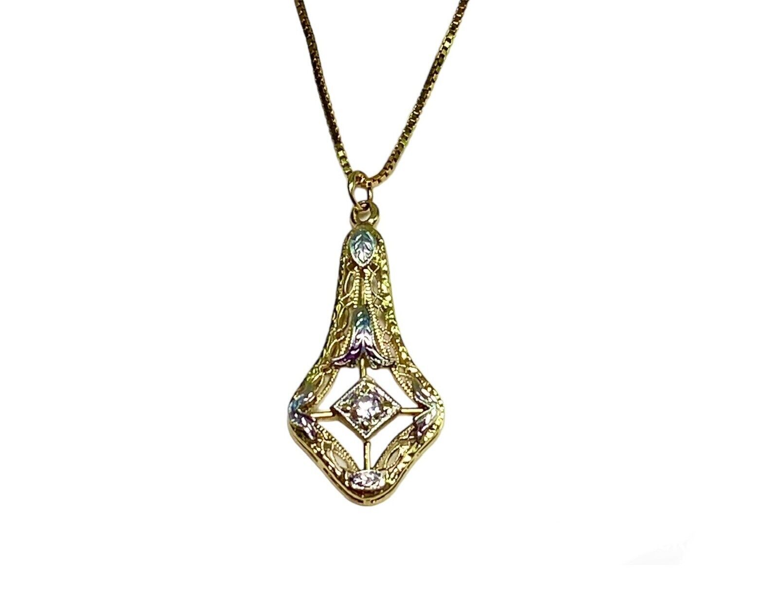 Vintage Art Deco 14k Yellow Gold Round Diamond Filigree Pendant Necklace