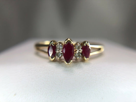 Vintage Style 10k Yellow Gold Marquise Red Ruby Round Diamond Small Ring