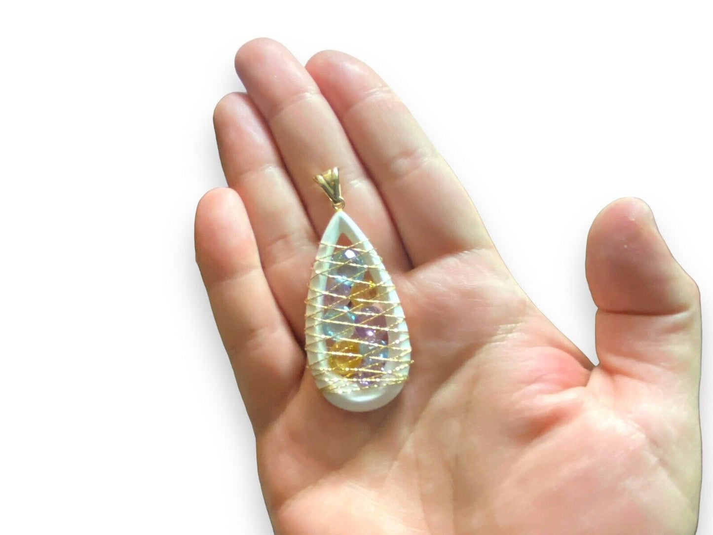 14k Yellow Gold White Ceramic Natural Round Colorful Gemstone Statement Pendant