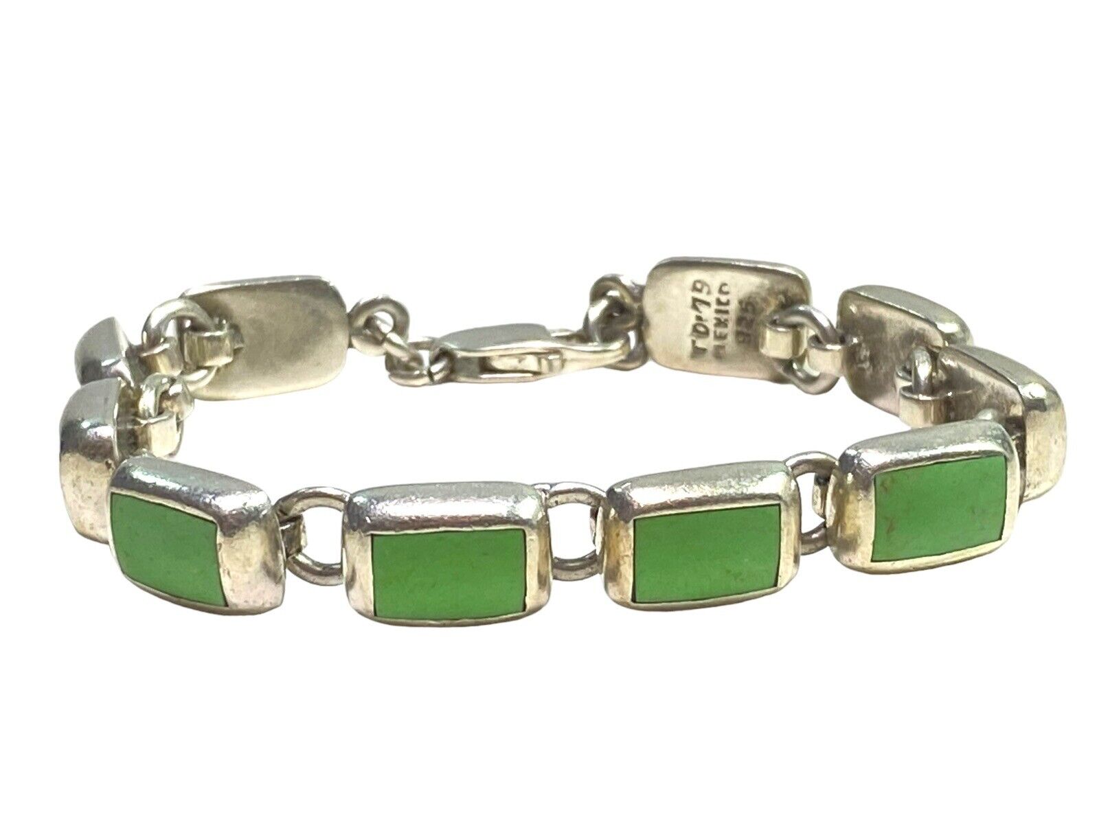 Vintage Sterling Silver Signed Mexico Green Inlay Gemstone Bracelet 7 Inches