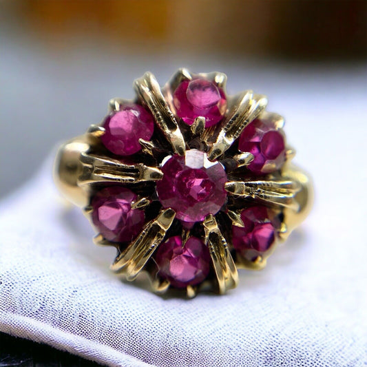 Vintage 10k Yellow Gold Pink Color Round Gemstone Retro Cocktail Ring