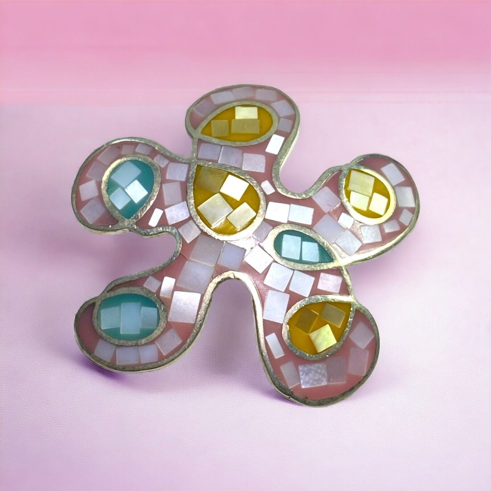 Sterling Silver Colorful Pink Yellow Blue Enamel Abstract Flower Pendant