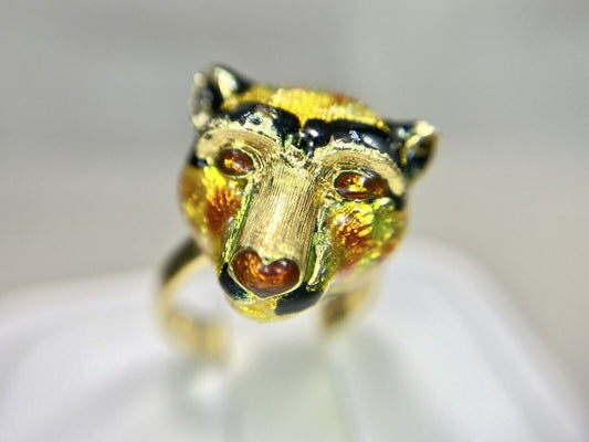 Vintage 18k Yellow Gold Handcrafted Colorful Enamel Bear Cocktail Ring