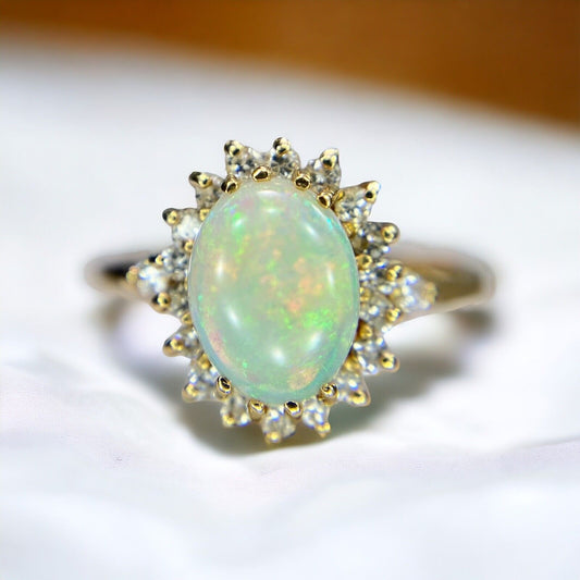 Vintage 14k Yellow Gold Signed Natural Oval Opal Diamond Halo Cocktail Ring