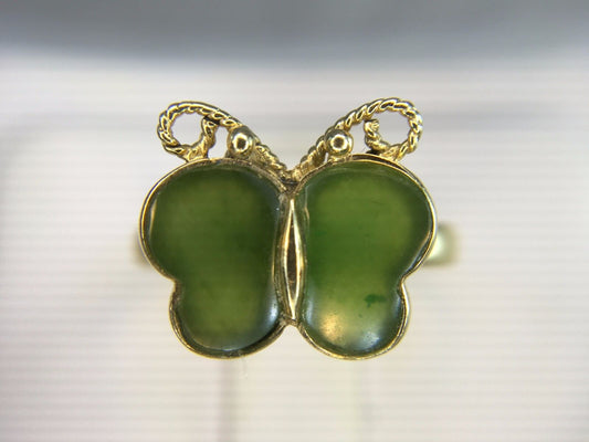 Estate 14k Yellow Gold Green Jade Small Butterfly Ring Size 7.0