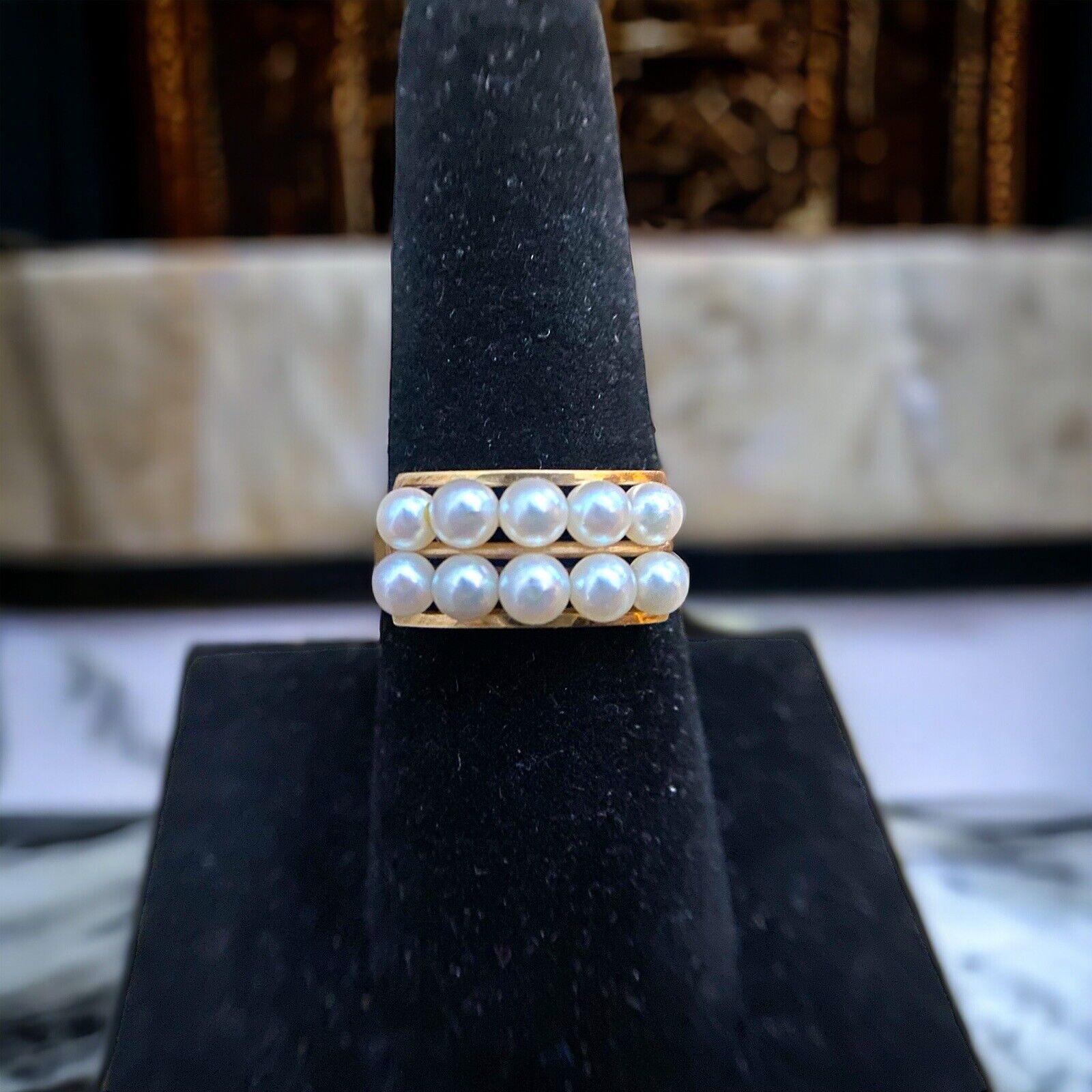 Vintage 14k Yellow Gold Signed Round White Pearl Cocktail Ring