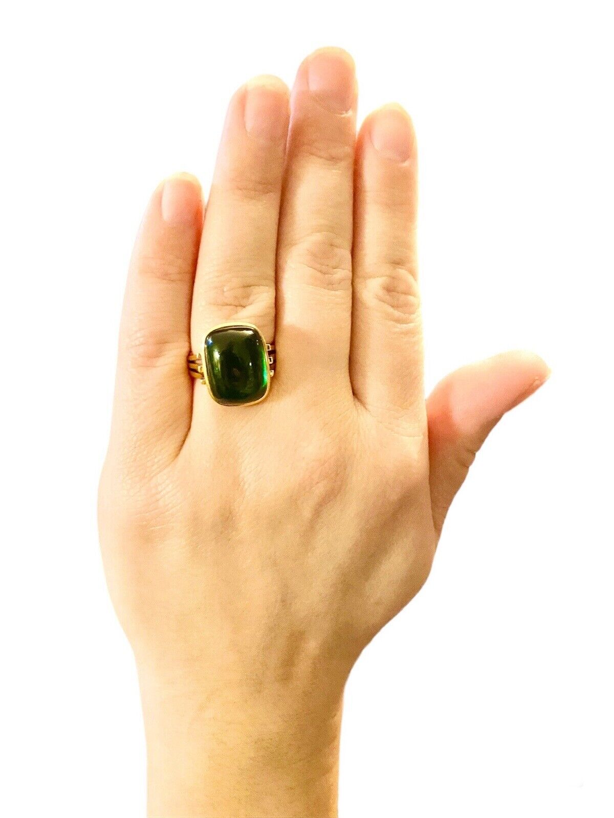 Vintage 18k Yellow Gold Natural Green Tourmaline Cabochon Bezel Set Ring