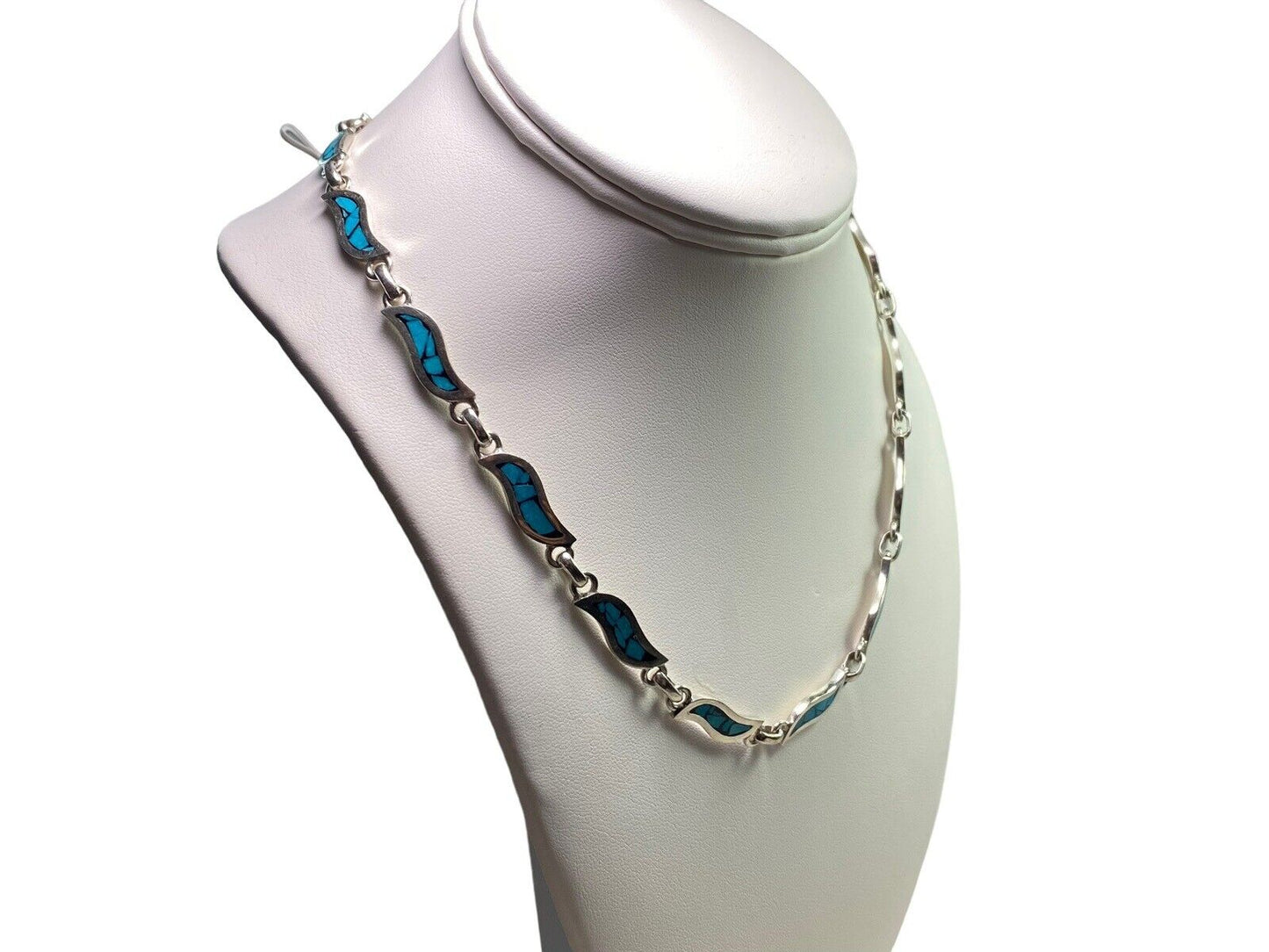 Vintage Sterling Silver Signed Designer Mexico Blue Turquoise Inlay Necklace