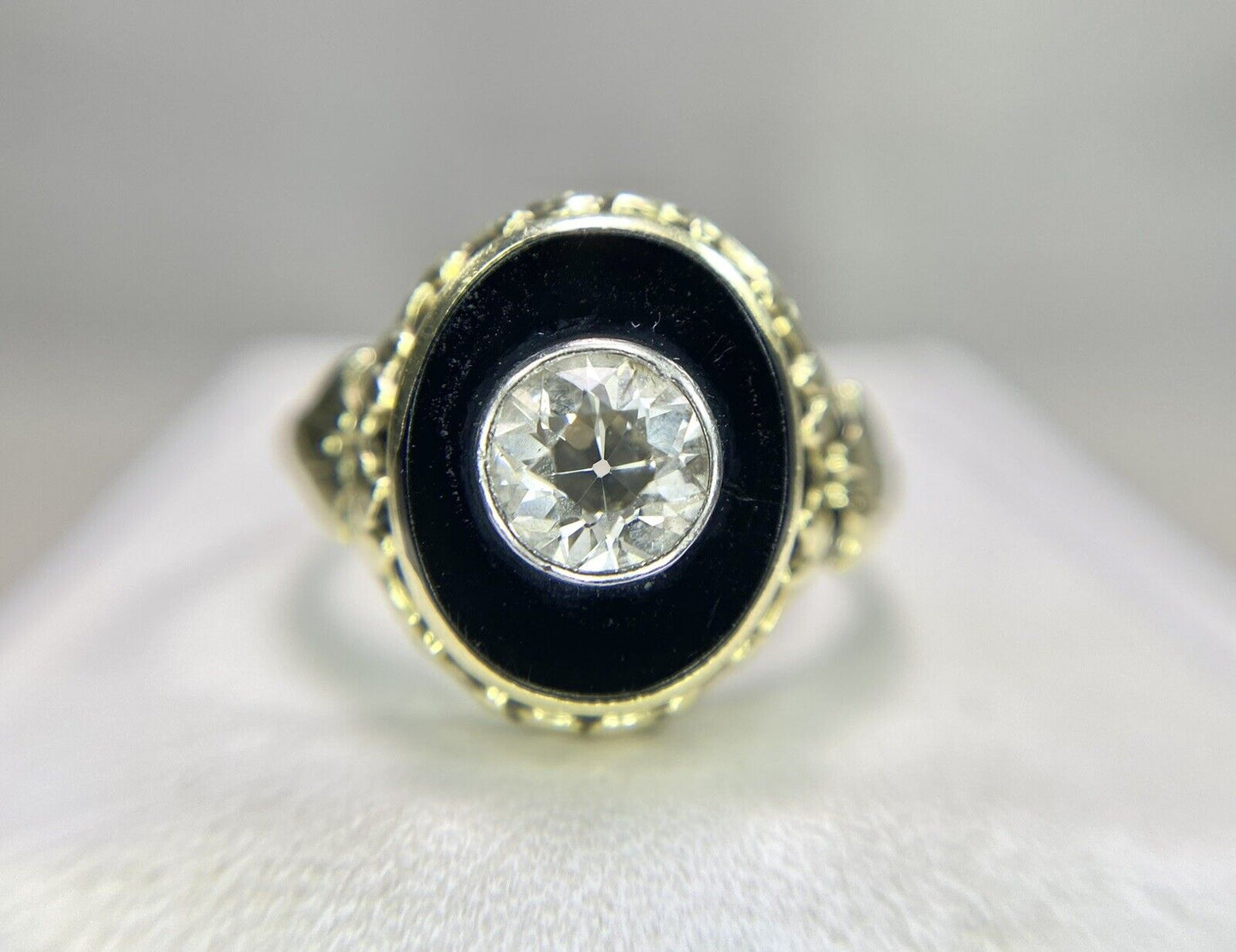 Art Deco 14k Yellow Gold Natural Old European Bezel Set Onyx Engagement Ring