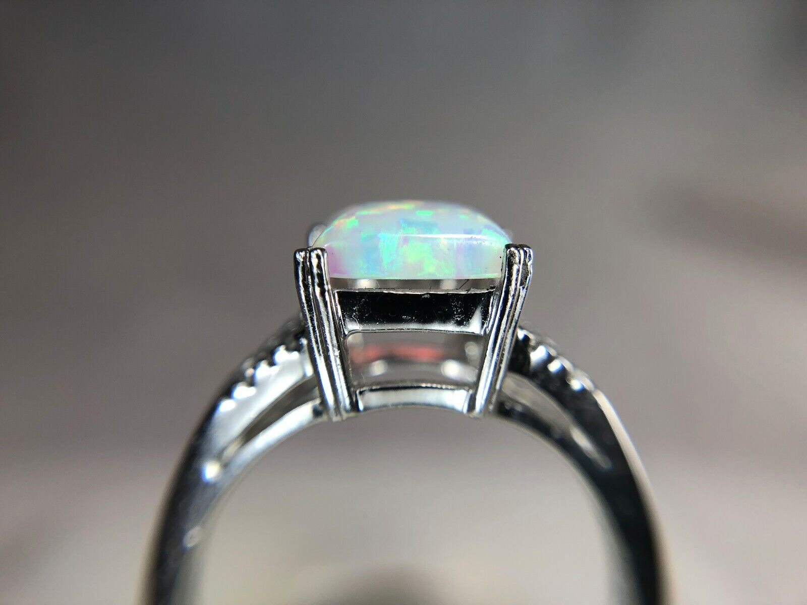 Estate 10k White Gold Square Opalite Round Diamond Ring