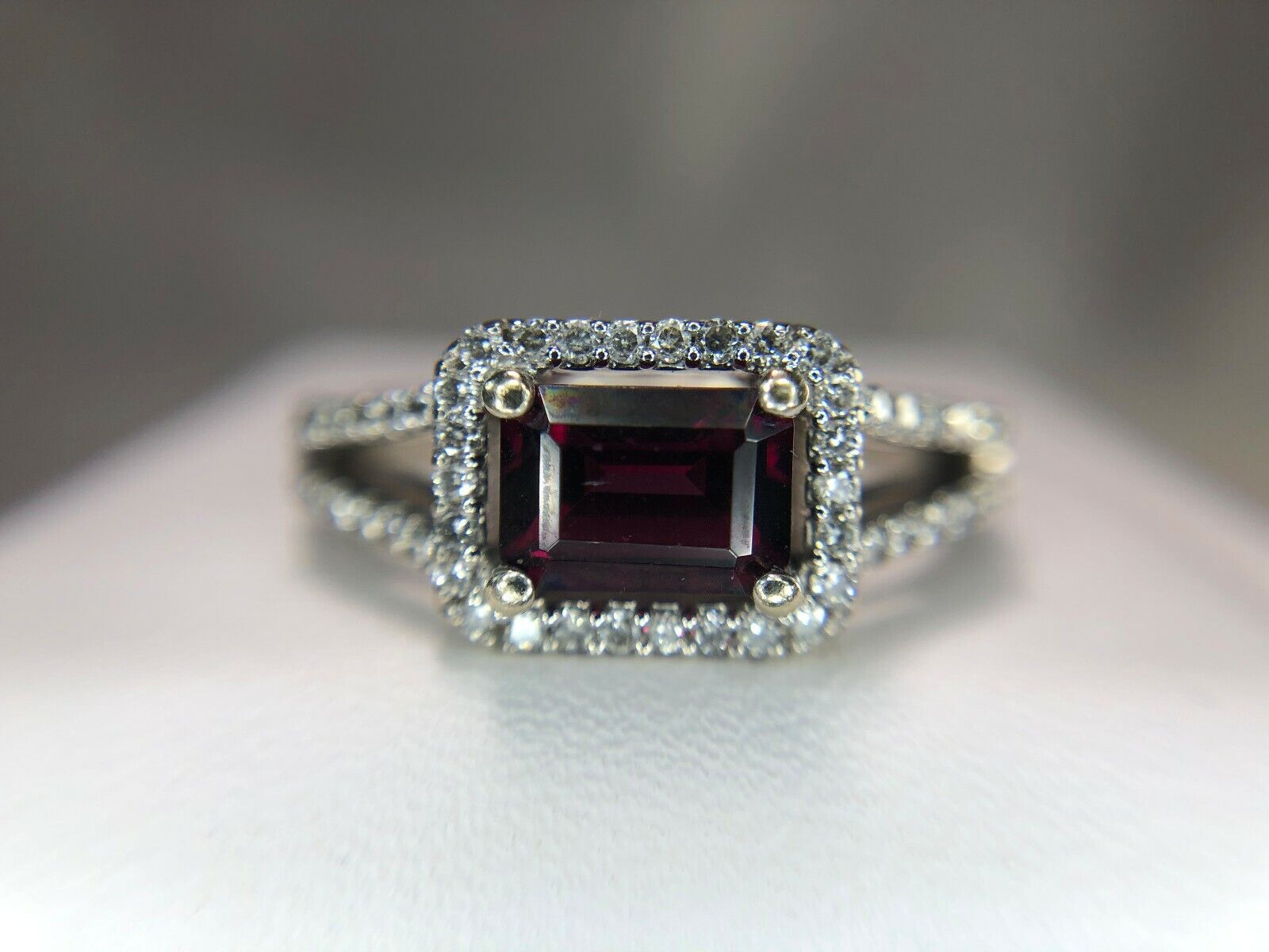 14k White Gold Round Diamond Emerald Cut Rhodolite Garnet East West Halo Ring