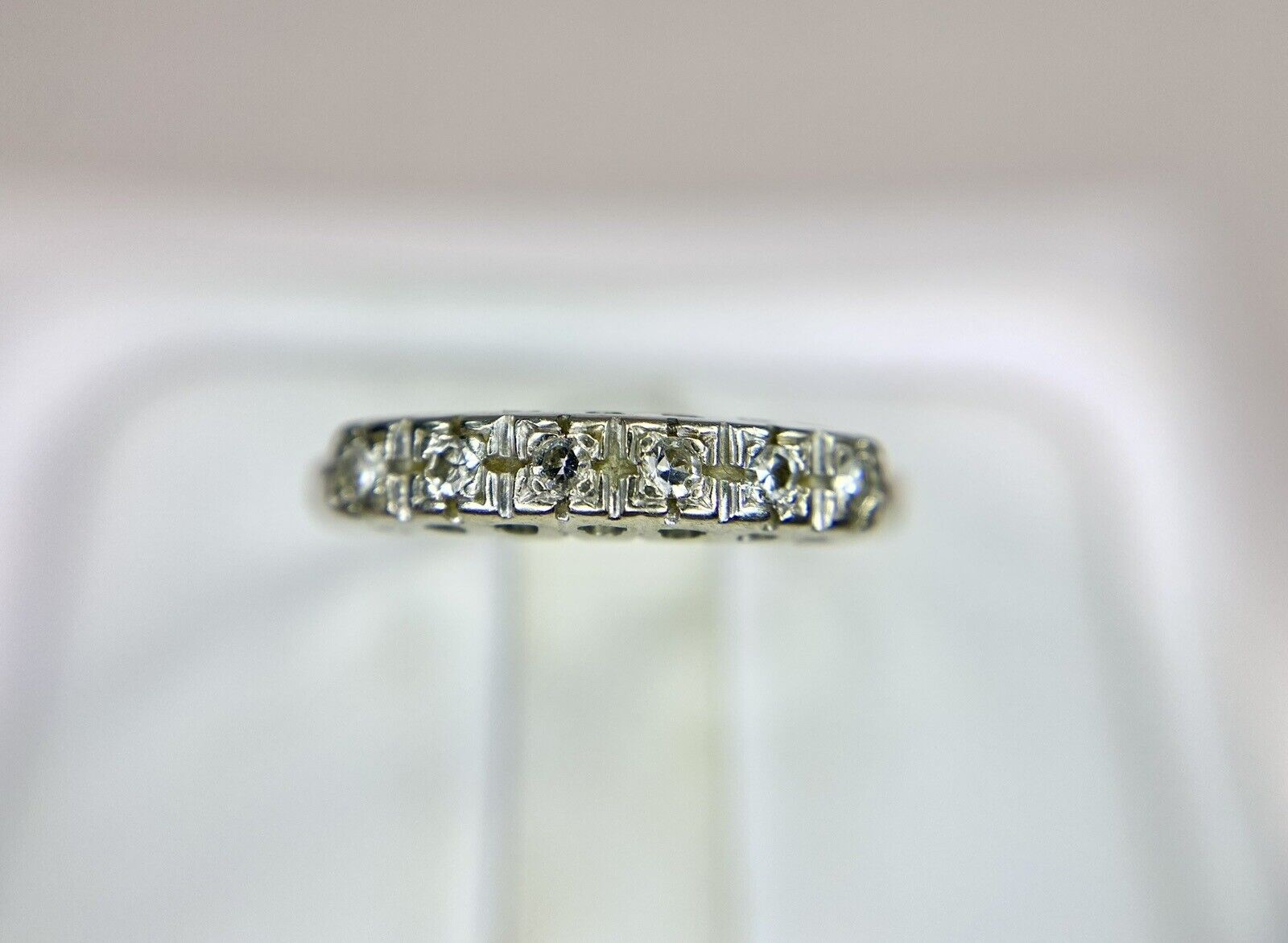 Vintage 14k White Gold Natural Round Single Cut Diamond Wedding Band Ring