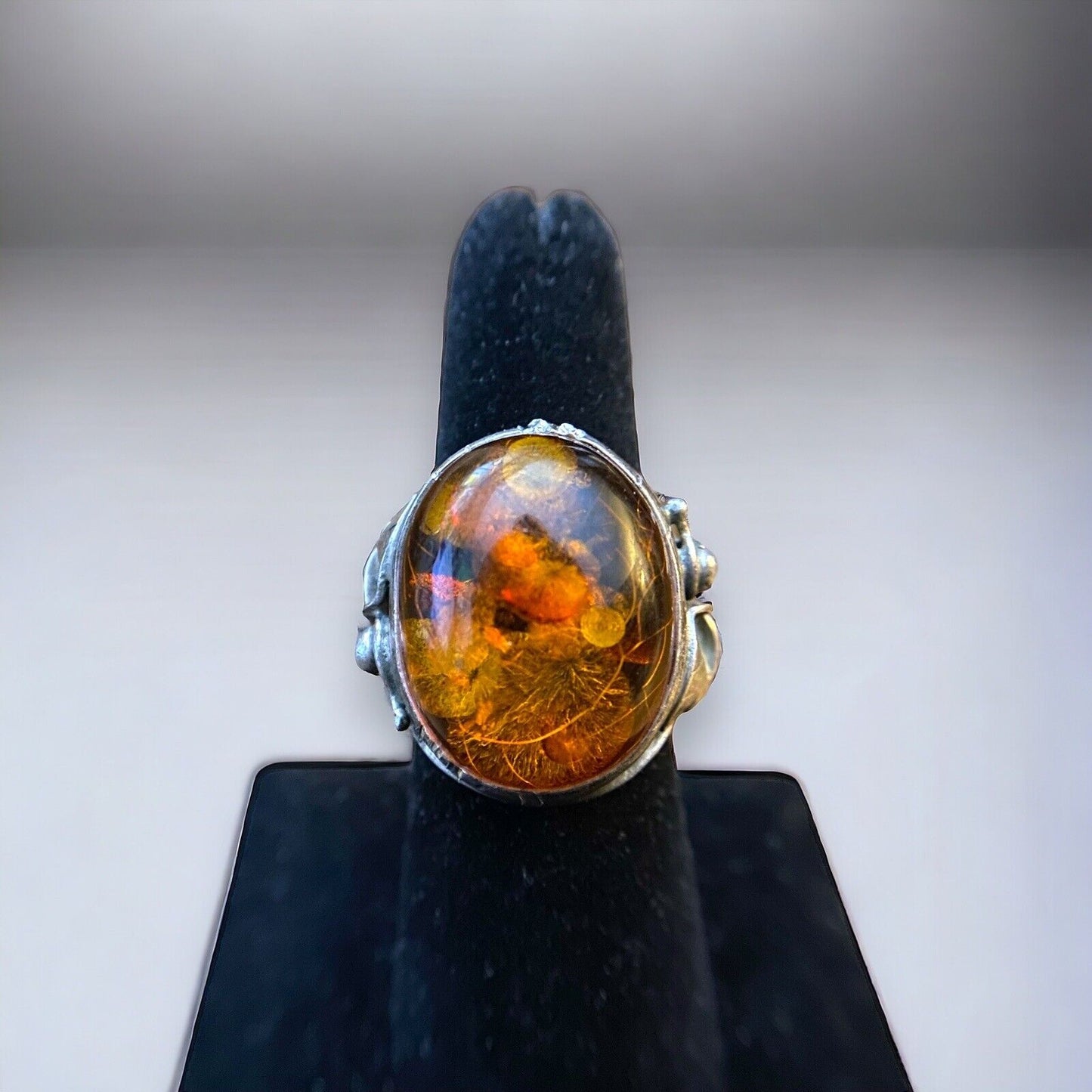 Vintage Sterling Silver Oval Shape Baltic Amber Big Bezel Set Ring Size 7