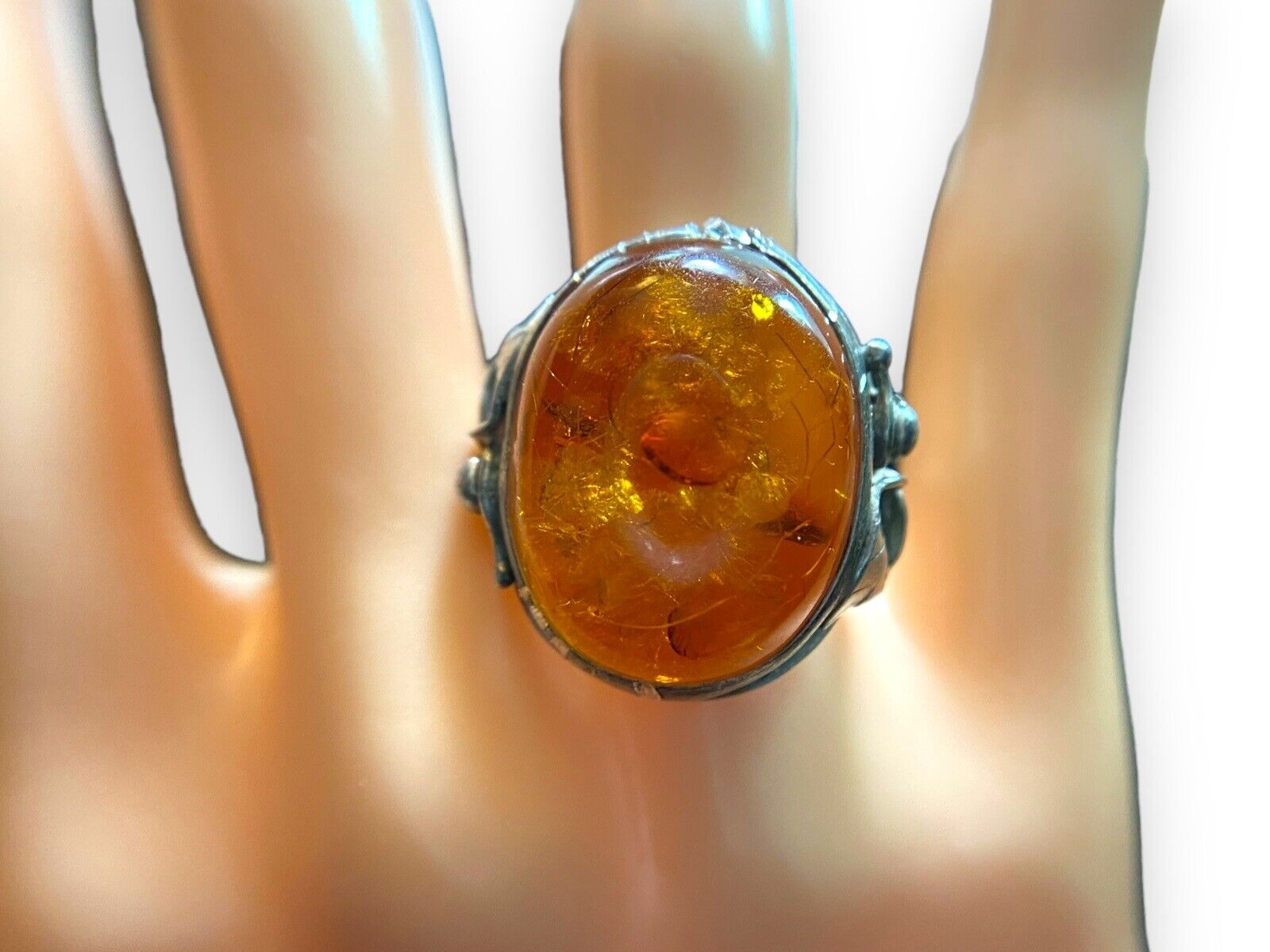 Vintage Sterling Silver Oval Shape Baltic Amber Big Bezel Set Ring Size 7