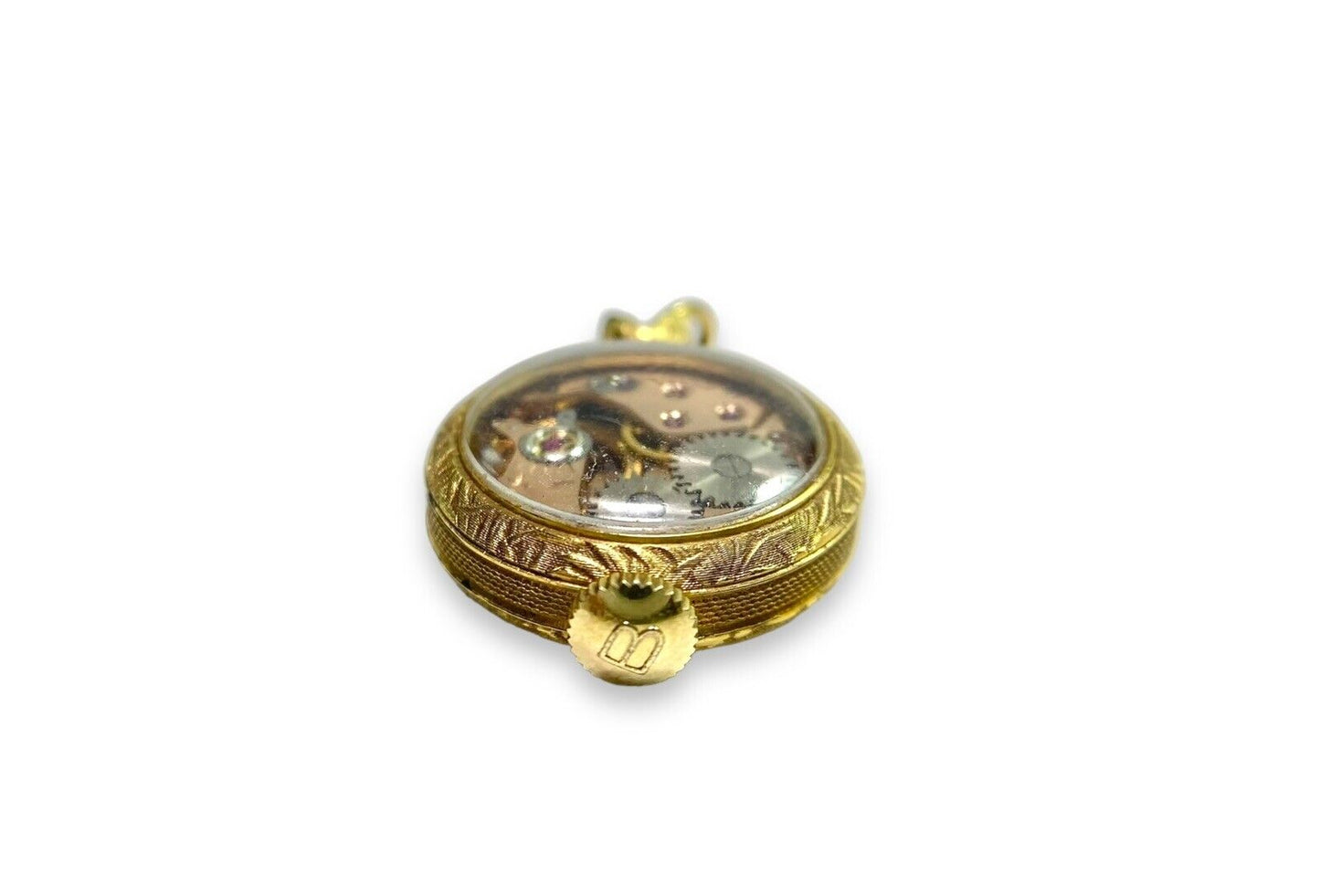 Vintage 14k Yellow Gold Bucherer Small Pocket Watch Engraved Pendant