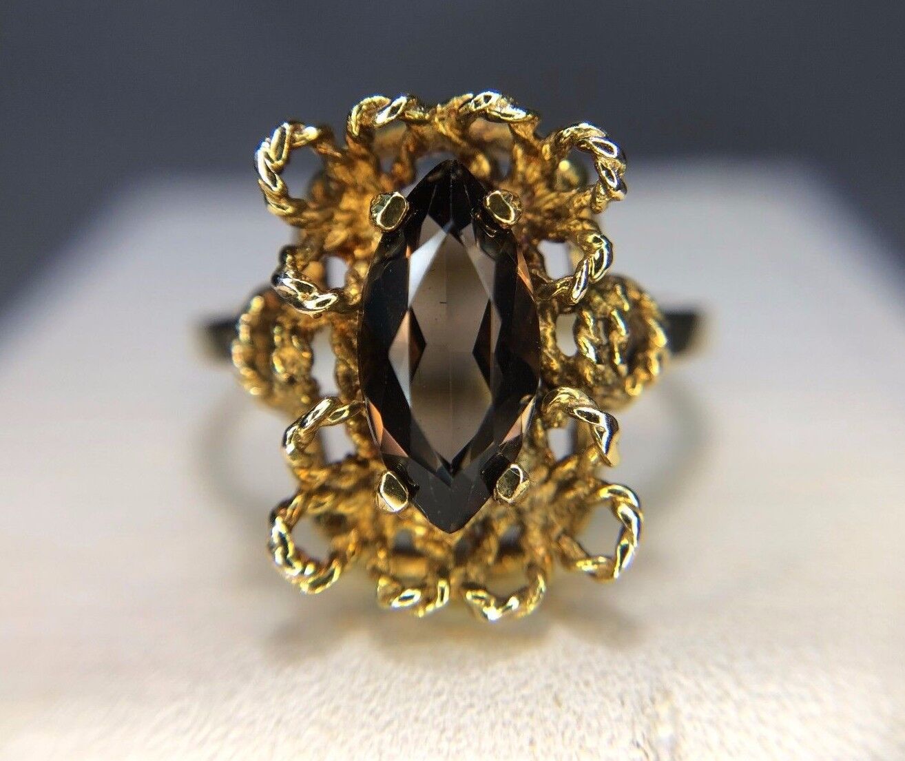 Estate Vintage 10k Yellow Gold Marquise Smokey Quartz Cocktail Ring