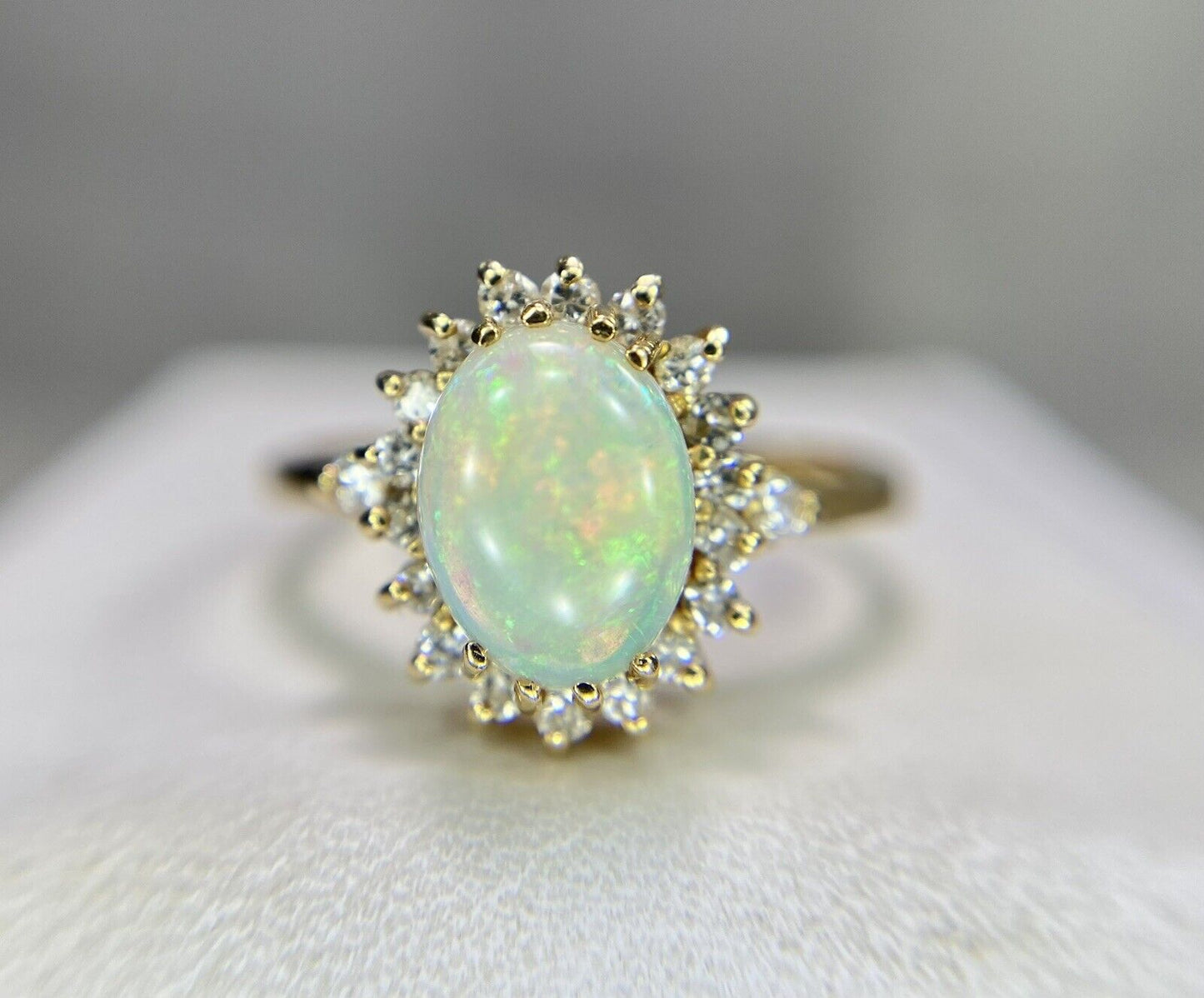 Vintage 14k Yellow Gold Signed Natural Oval Opal Diamond Halo Cocktail Ring