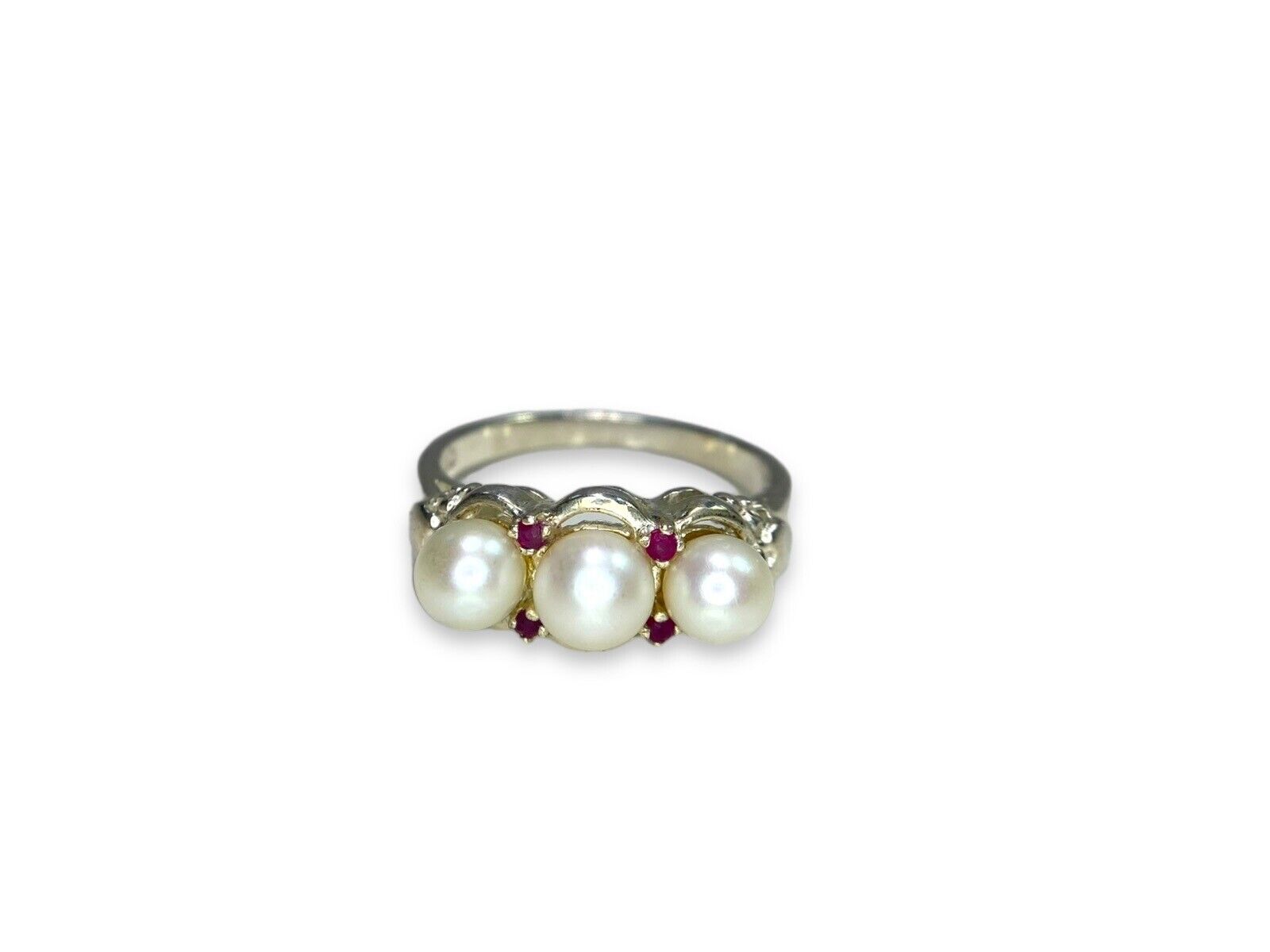 Vintage Sterling Round White Pearl Red Ruby Heart Ring Size 9