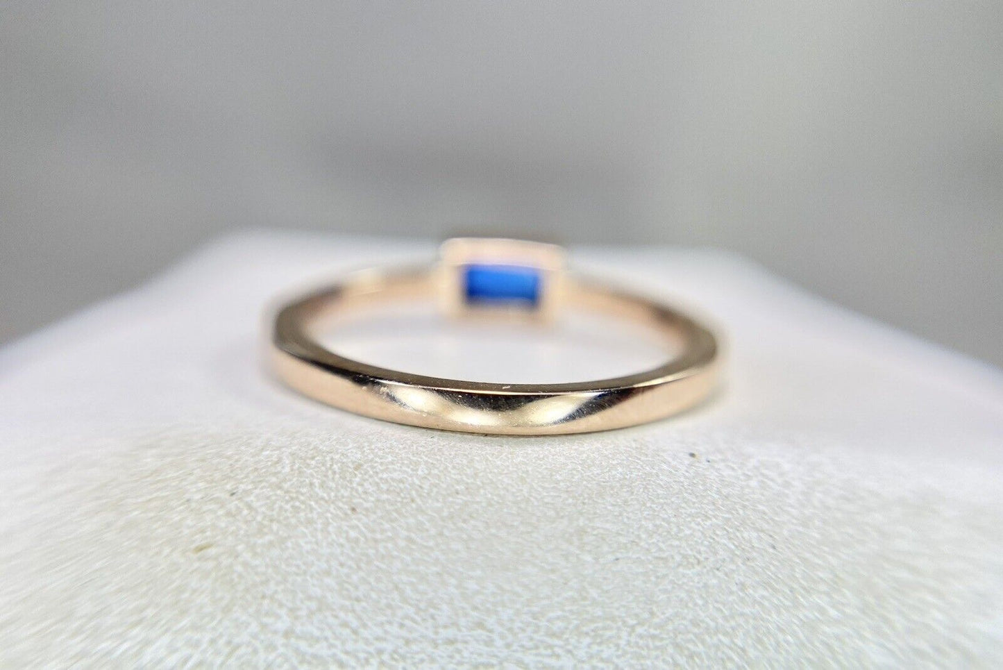 14k Rose Gold Emerald Cut Blue Sapphire Round Diamond Bezel Set Ring