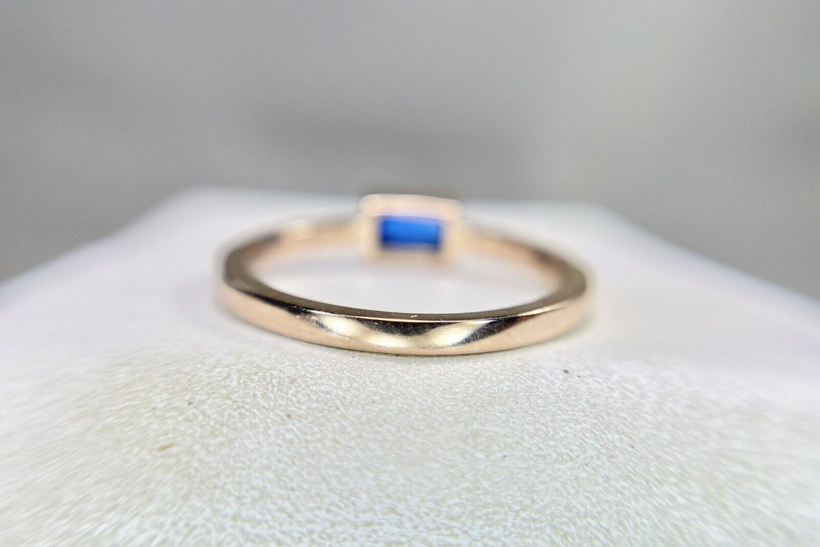 14k Rose Gold Emerald Cut Blue Sapphire Round Diamond Bezel Set Ring