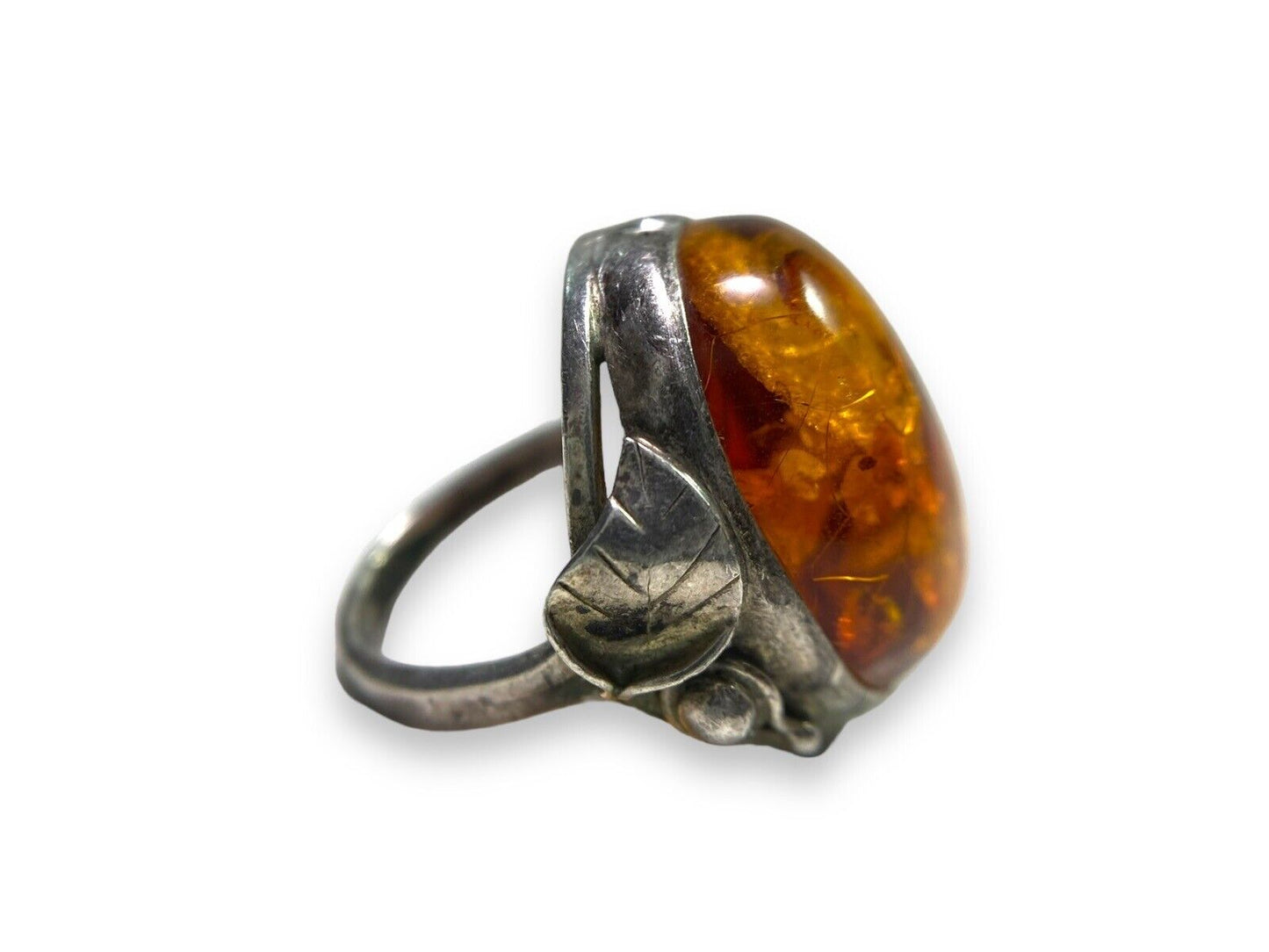 Vintage Sterling Silver Oval Shape Baltic Amber Big Bezel Set Ring Size 7