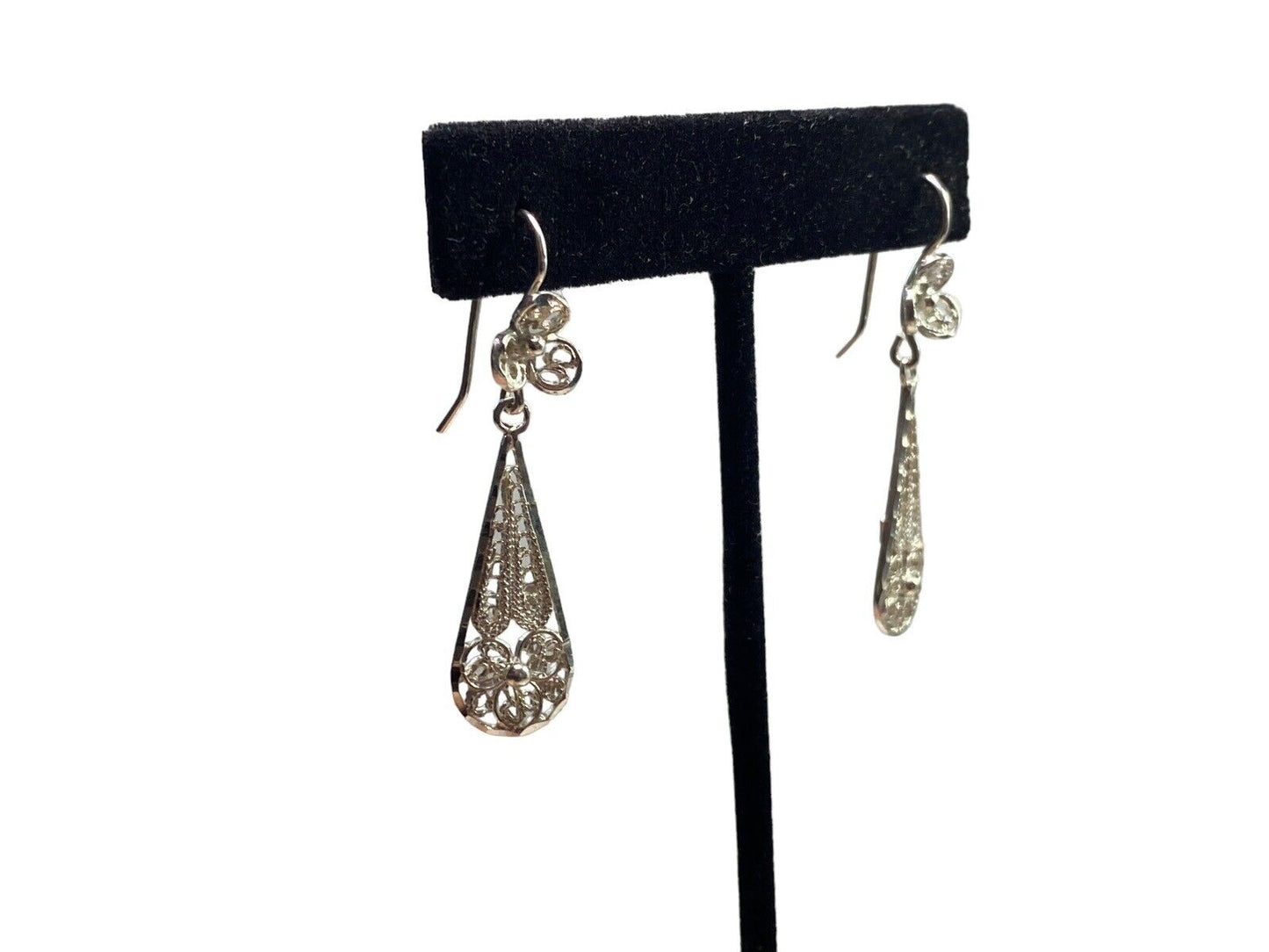 Vintage Sterling Silver Mexico Filigree Dangle Drop Long Earrings