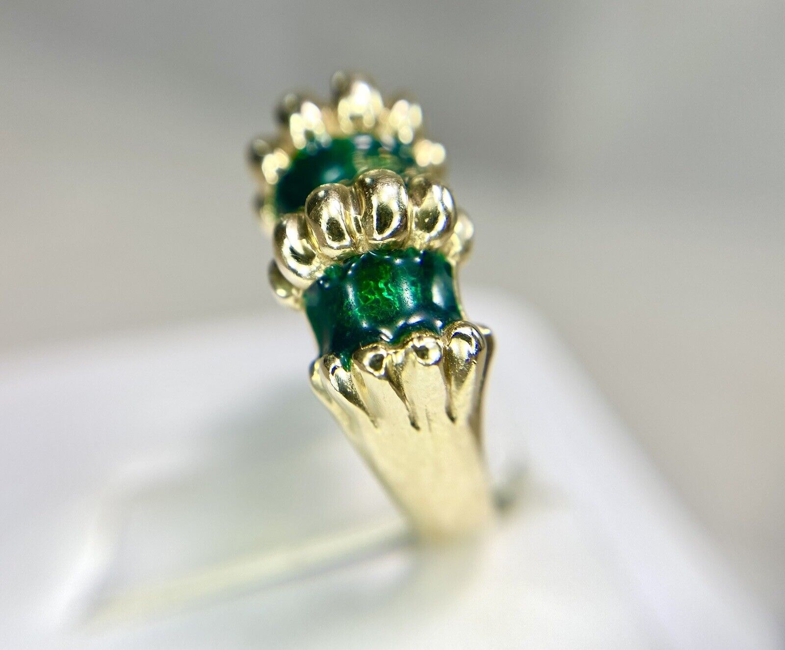 Vintage 14k Yellow Gold Handcrafted Green Enamel Cocktail Band Ring