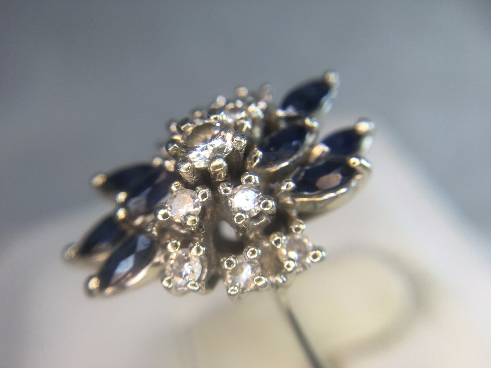 Estate Vintage 14k White Gold Round Diamond Marquise Blue Sapphire Cocktail Ring