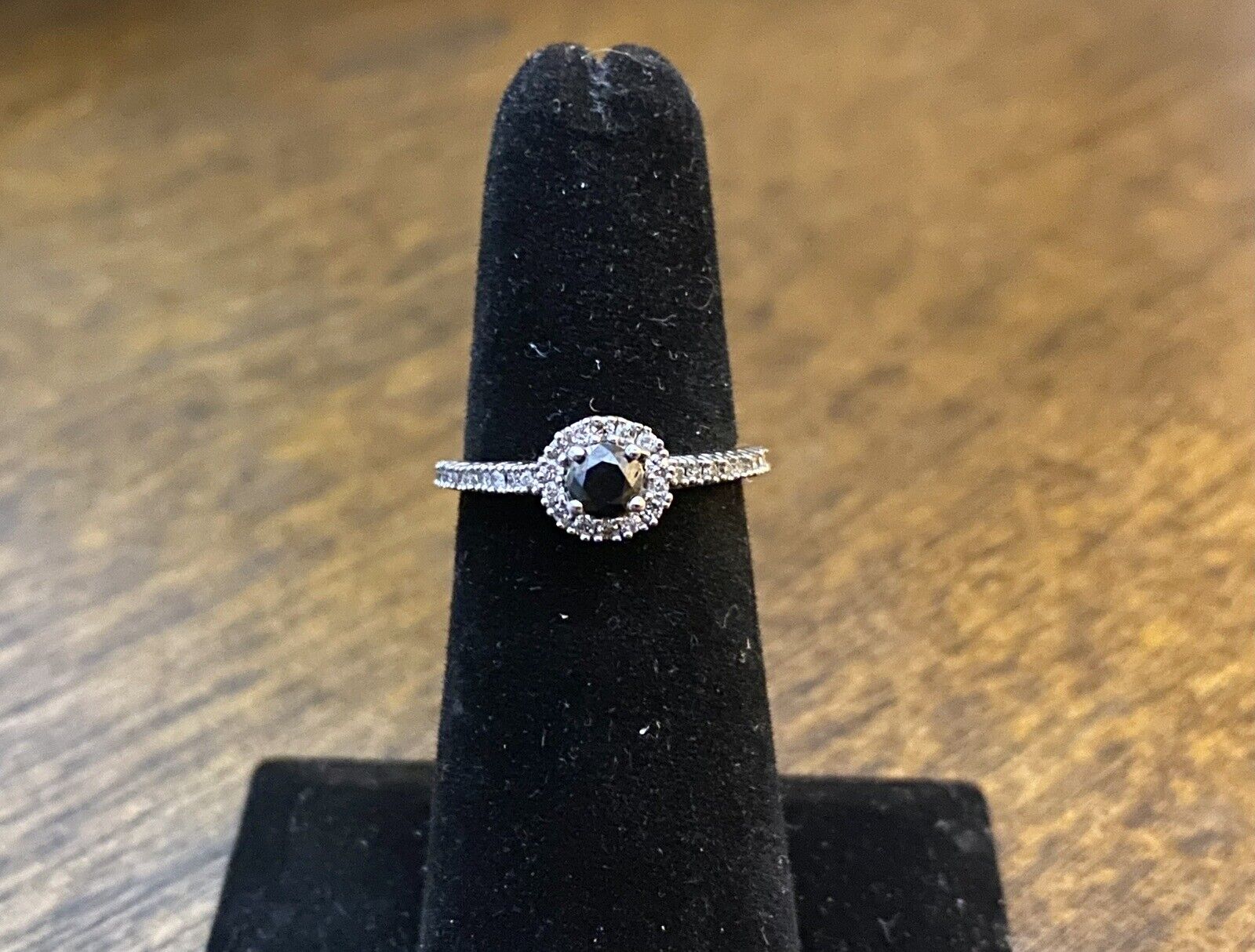 10k White Gold Natural Black Diamond Halo Small Engagement Ring