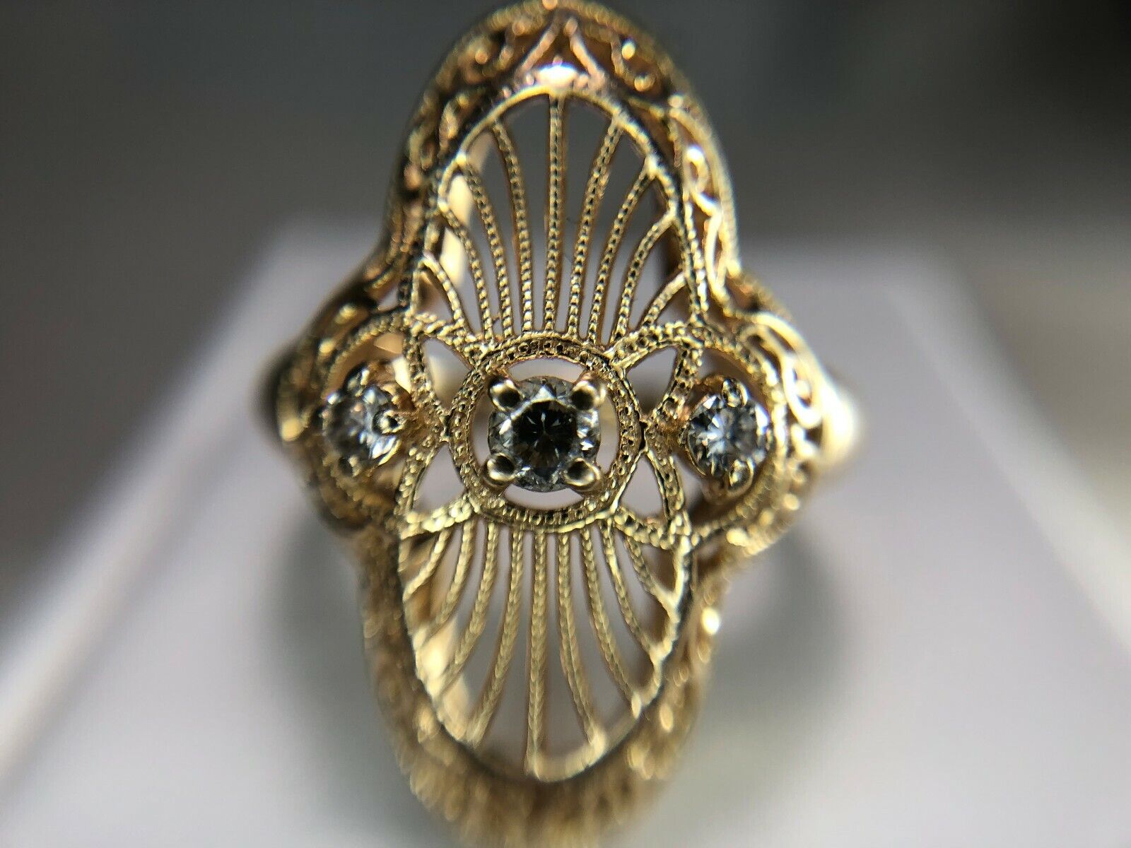 Vintage 14k Yellow Gold Round Brilliant Diamond Filigree Big Cocktail Ring 