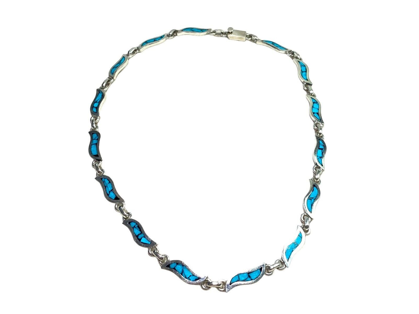 Vintage Sterling Silver Signed Designer Mexico Blue Turquoise Inlay Necklace