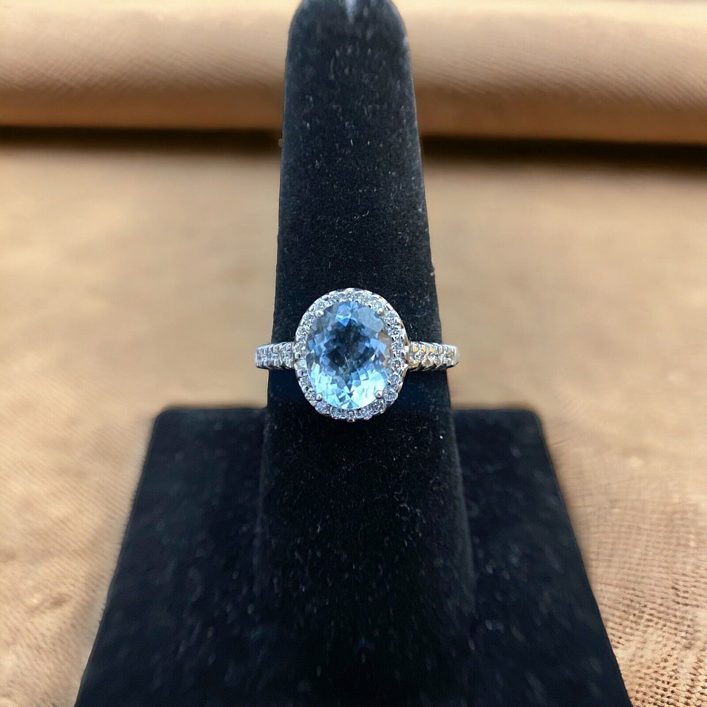 Vintage 14k White Gold Oval Blue Aquamarine Round Diamond Halo Ring