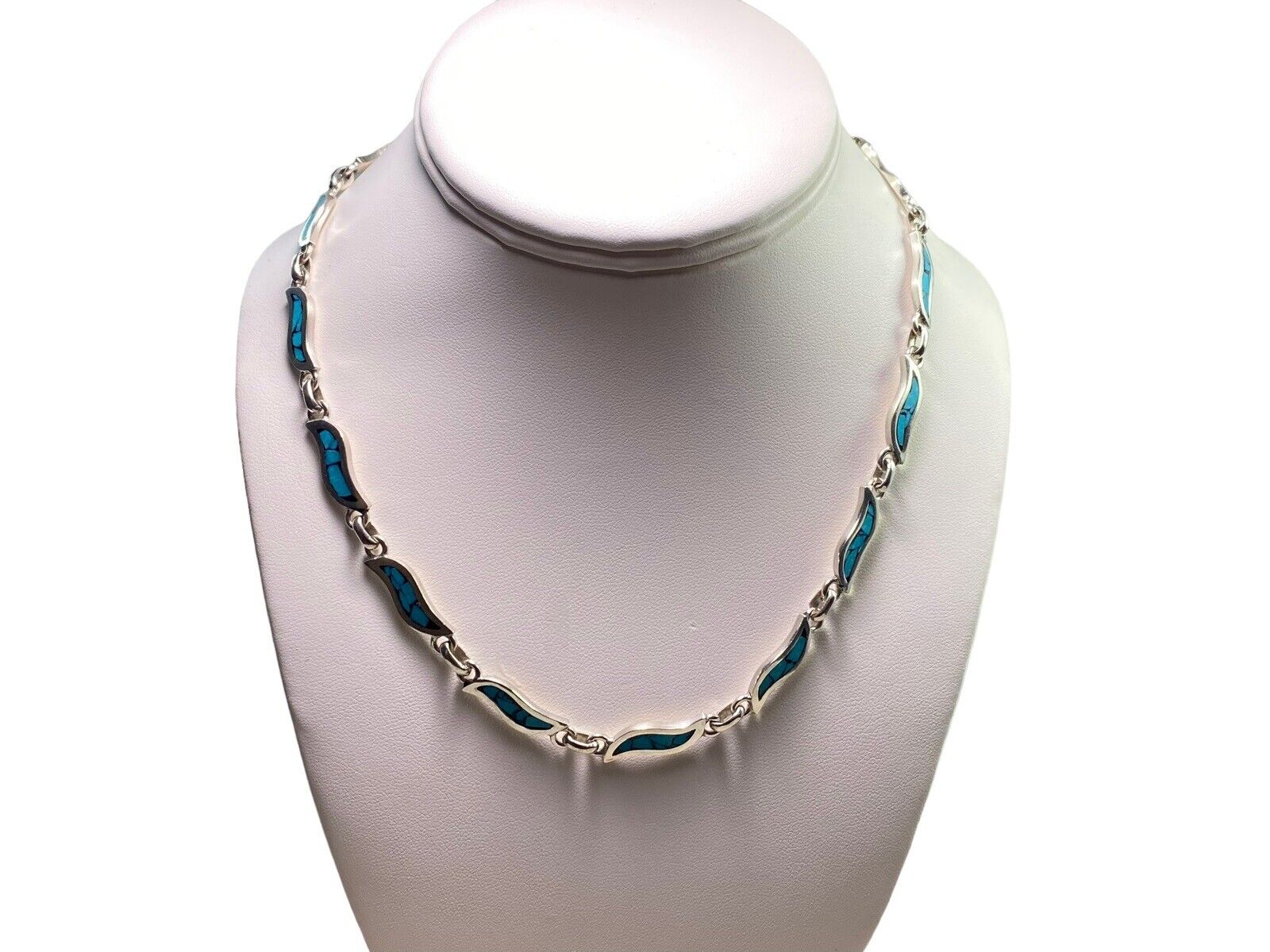 Vintage Sterling Silver Signed Designer Mexico Blue Turquoise Inlay Necklace