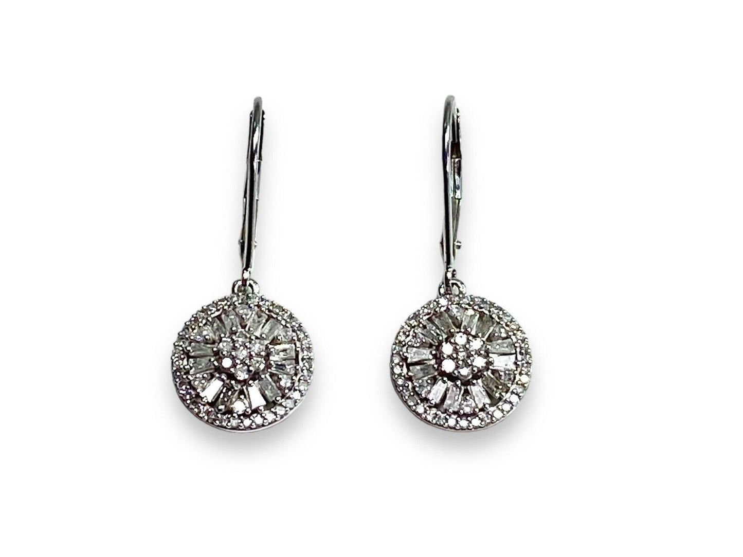 10k White Gold Natural Baguette Cut Round Diamond Cluster Circle Dangle Earrings