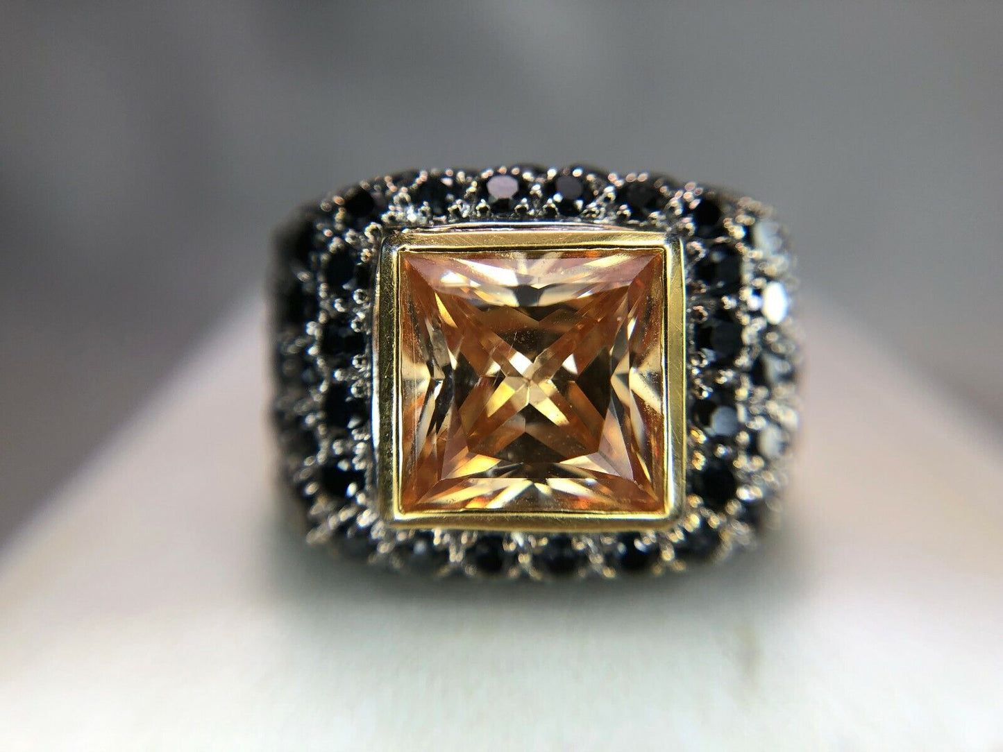 14k Yellow Gold Square Princess Cut Orange Citrine Black Diamond Large Cocktail 