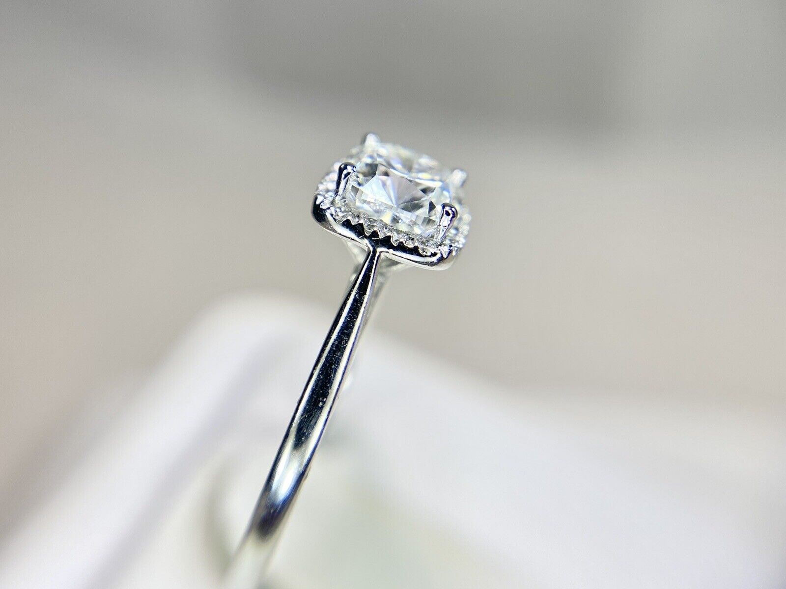 14k White Gold Lab Grown Cushion Diamond IGI Certified Halo Engagement Ring