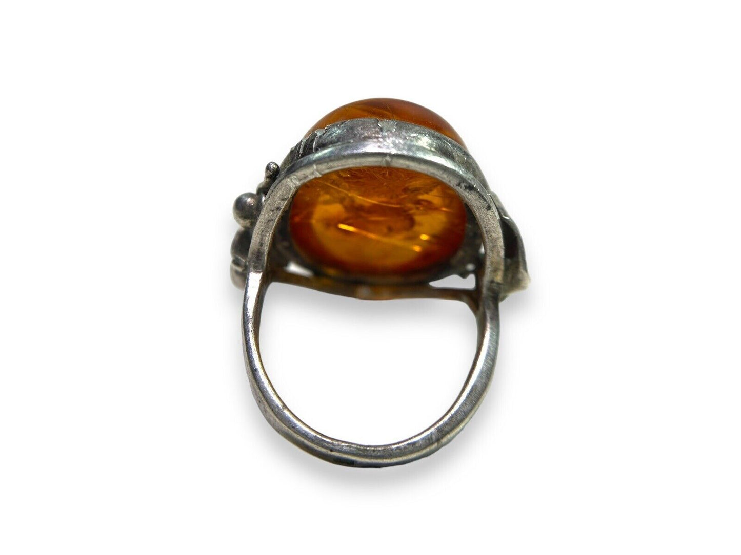 Vintage Sterling Silver Oval Shape Baltic Amber Big Bezel Set Ring Size 7