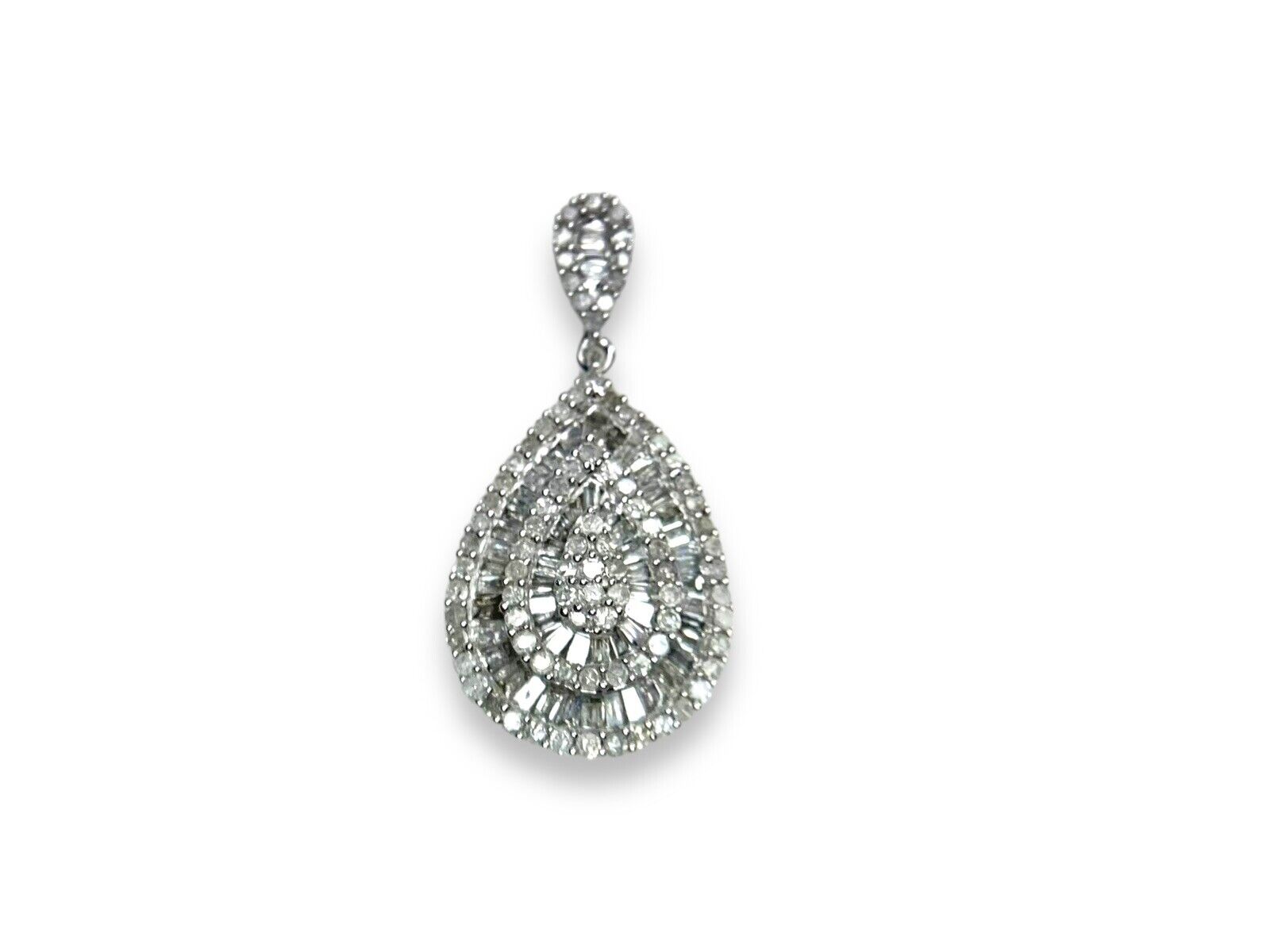 Vintage 10k White Gold Natural Round Baguette Cut Diamond Cluster Pear Pendant