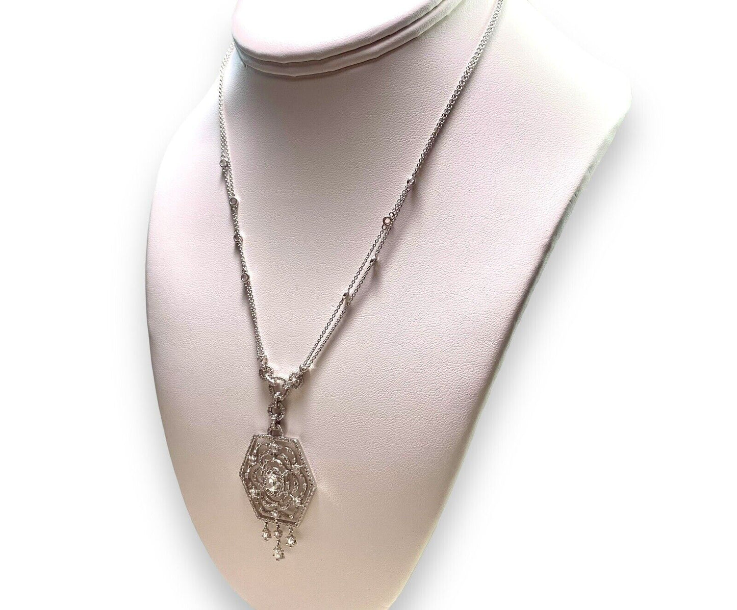 18k White Gold Designer Natural Rose Cut Diamond Pendant Statement Necklace