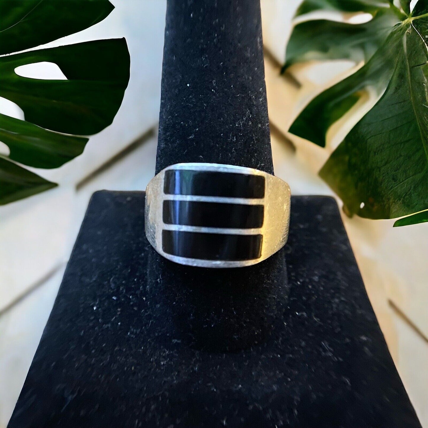 Vintage Sterling Silver Mexico Black Onyx Inlay Big Ring Size 11.75