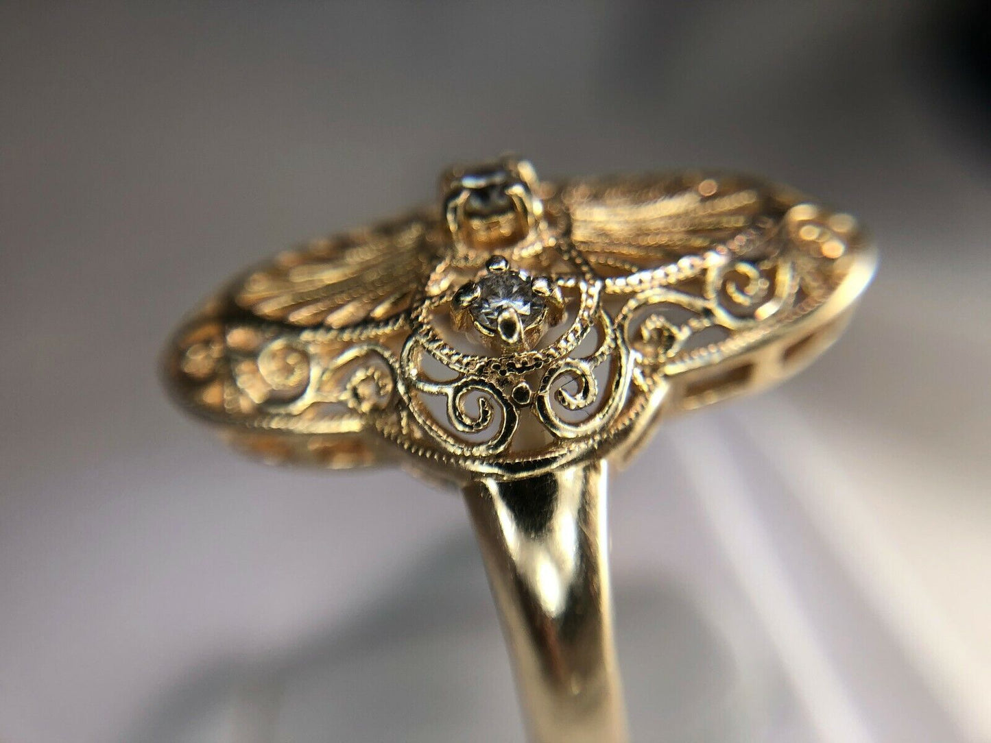 Vintage 14k Yellow Gold Round Brilliant Diamond Filigree Big Cocktail Ring 