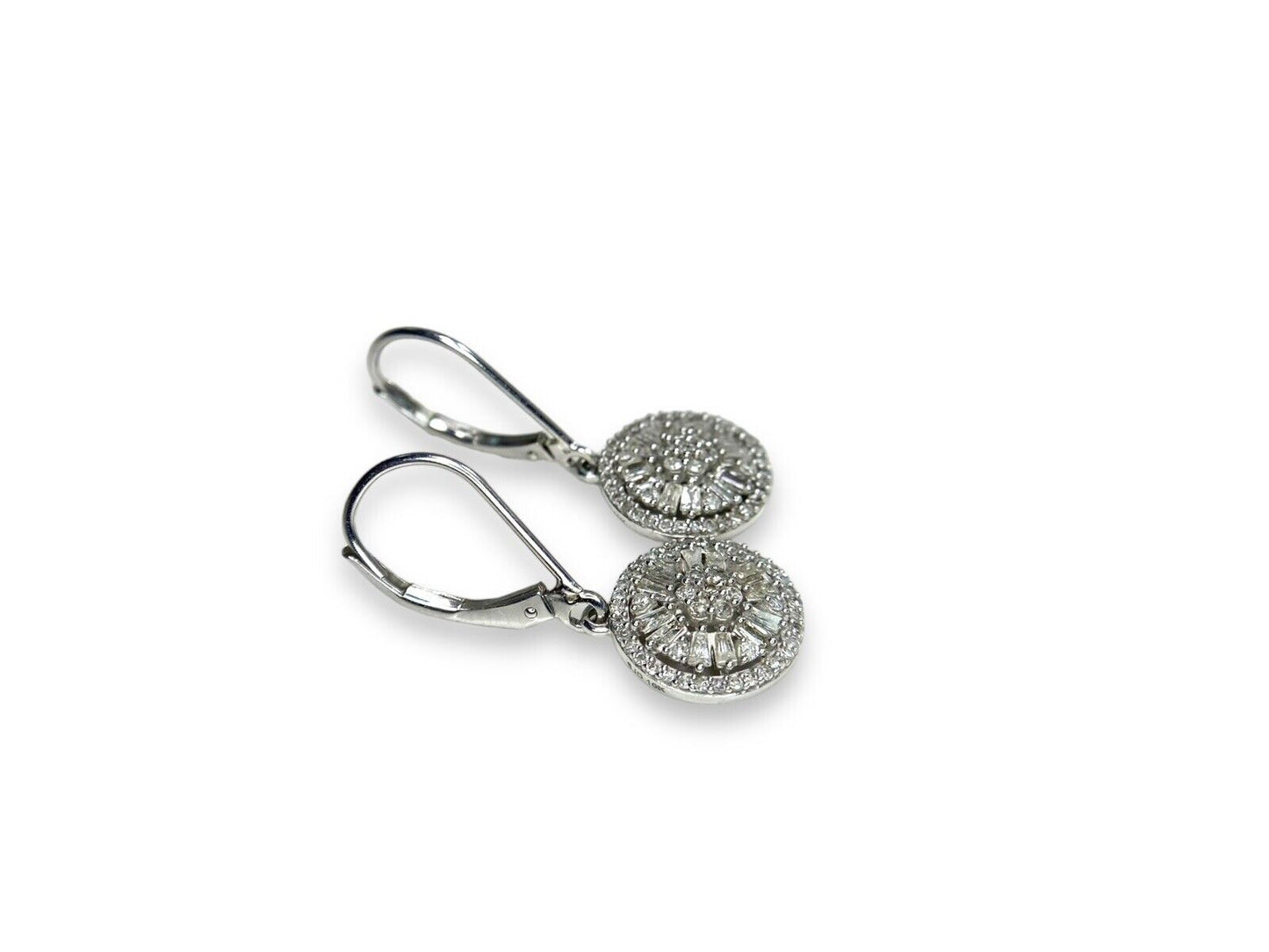 10k White Gold Natural Baguette Cut Round Diamond Cluster Circle Dangle Earrings